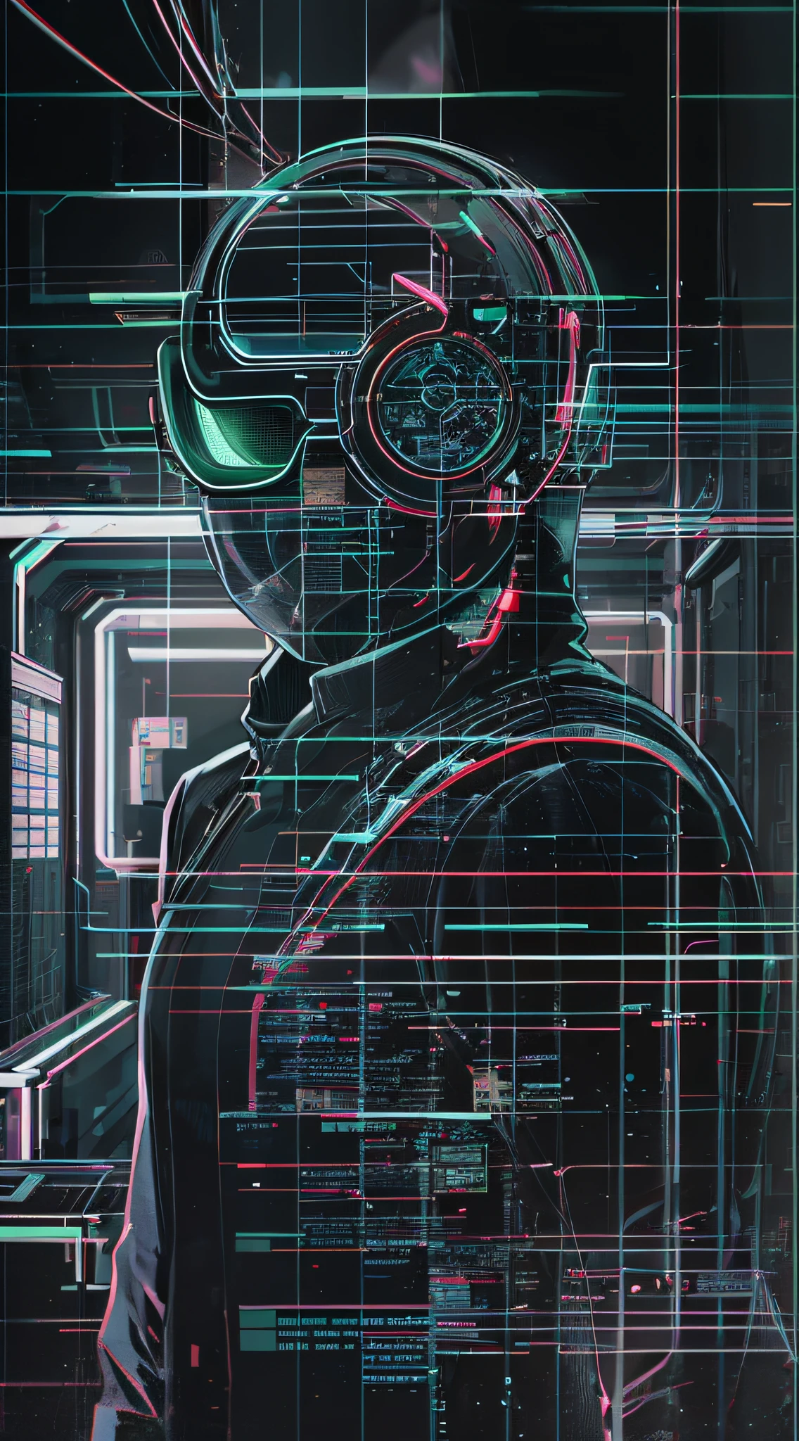 Cyberpunk style, IA avatar, cyberspace, wireframe, matrix, tron, minimal, abstract, virtual reality, black background, neon lights, virtual interface, looking at camera