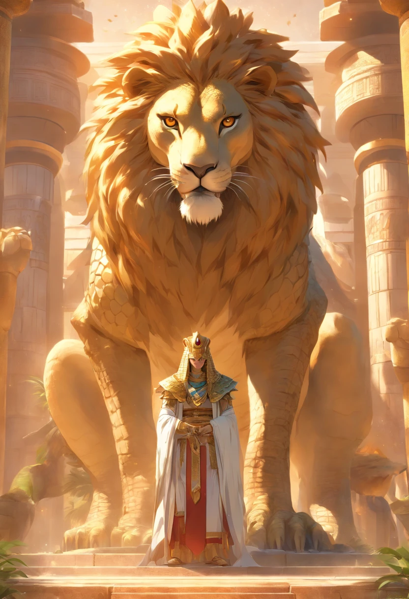 (((crocodile head))((lion paws))) best quality, very high resolution, 4K detailed CG, masterpiece, Egyptian mythology, Ammit, sun in the background, Ancient Egypt, hybrid god, body, lion , white clothes, crocodile head , Egyptian clothes, Egyptian temple, desert, Ancient Egypt, ((crocodile head)), ((lion body)), Egyptian palace, aesthetics, beautiful image, centered on the screen, standing pose