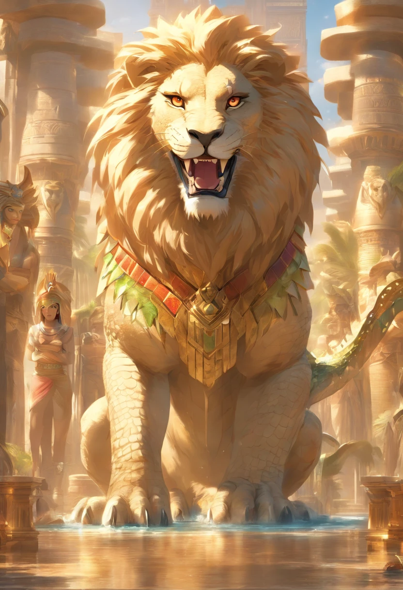 (((crocodile head))((lion paws))) best quality, very high resolution, 4K detailed CG, masterpiece, Egyptian mythology, Ammit, sun in the background, Ancient Egypt, hybrid god, body, lion , white clothes, crocodile head , Egyptian clothes, Egyptian temple, desert, Ancient Egypt, ((crocodile head)), ((lion body)), Egyptian palace, aesthetics, beautiful image, centered on the screen, standing pose