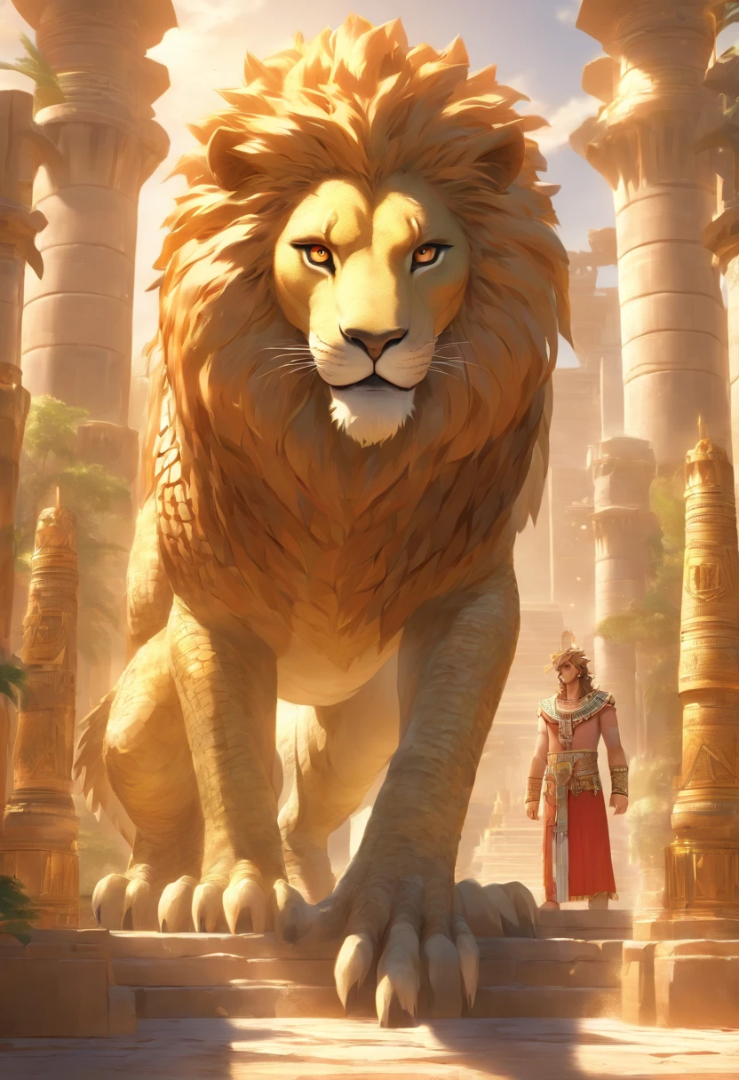 (((crocodile head))((lion paws))) best quality, very high resolution, 4K detailed CG, masterpiece, Egyptian mythology, Ammit, sun in the background, Ancient Egypt, hybrid god, body, lion , white clothes, crocodile head , Egyptian clothes, Egyptian temple, desert, Ancient Egypt, ((crocodile head)), ((lion body)), Egyptian palace, aesthetics, beautiful image, centered on the screen, standing pose