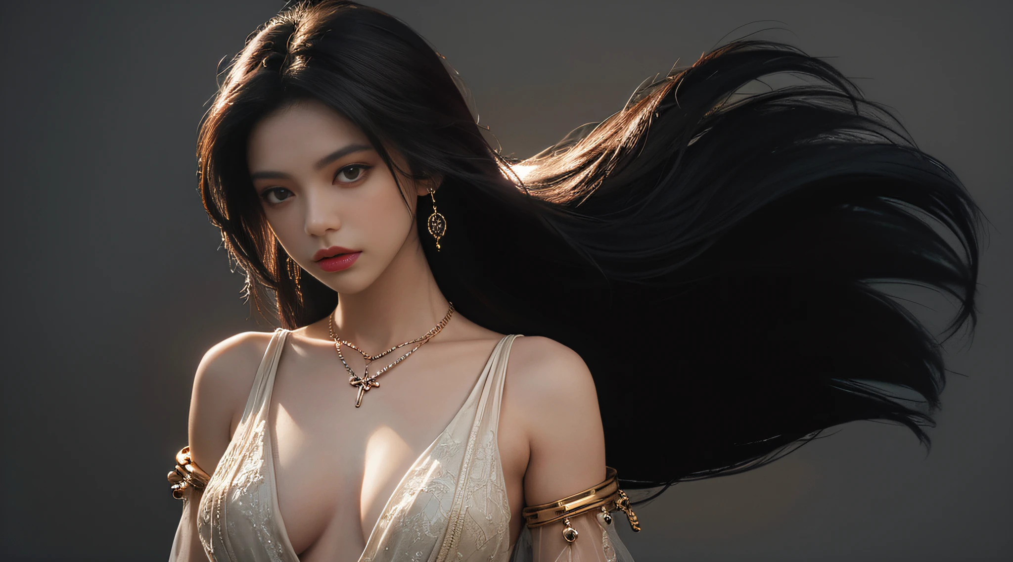 igirl,Upper body,necklace,jewelry,Chest chain,cropped shoulders,Chain-covered chest,Body chain,Pedras preciosas,, Best quality,Masterpiece,(photograph realistic),