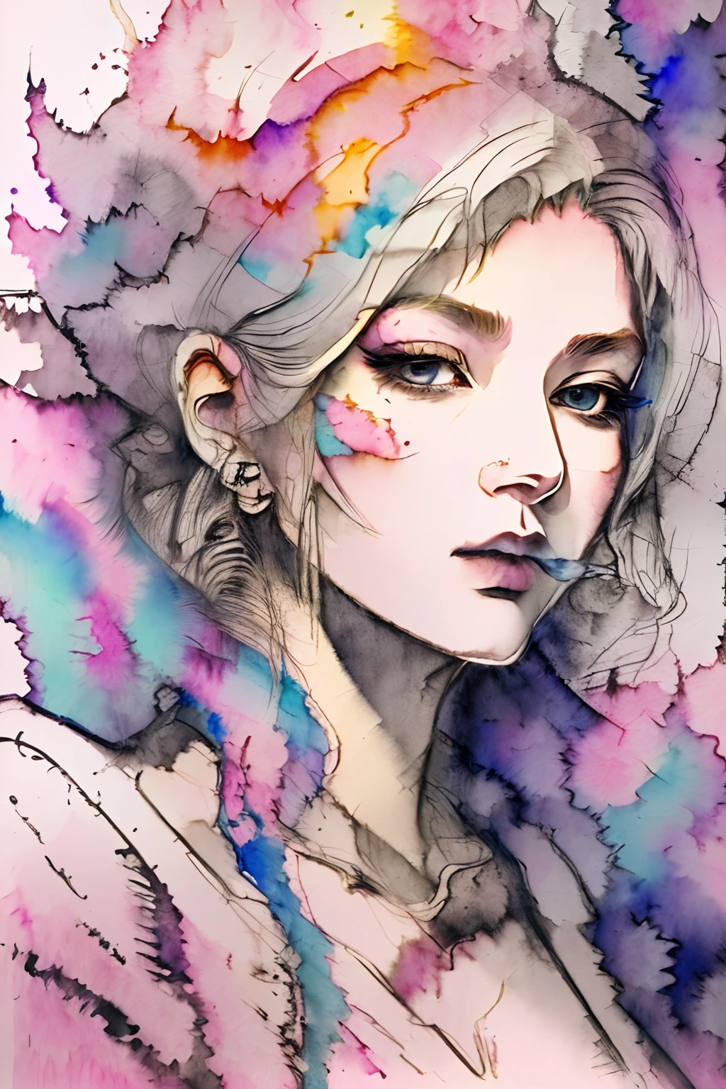 1girl, Final fantasy, smokes, amano yoshitaka, (pencil drawing and watercolor painting:1) abstract, details, masterpiece, best quality, artstation