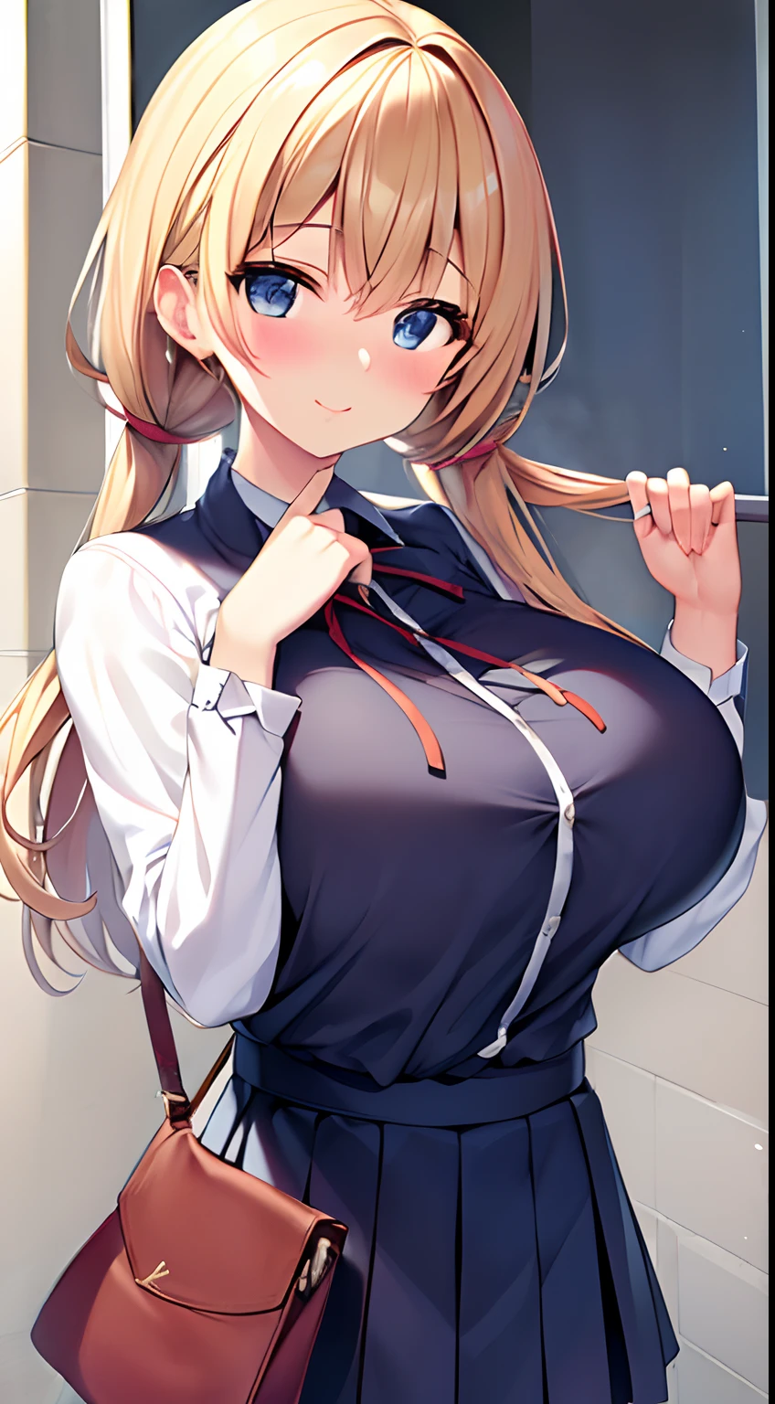 ((Best picture quality, 8K, tmasterpiece:1.3)), 1girll, huge tit:1.3, (Casual hairstyle, No leakage of big breasts:1.2), short skirt:1.1, Ultra-fine face, A detailed eye, 二重まぶた,ssmile,adolable,校服,stocklings