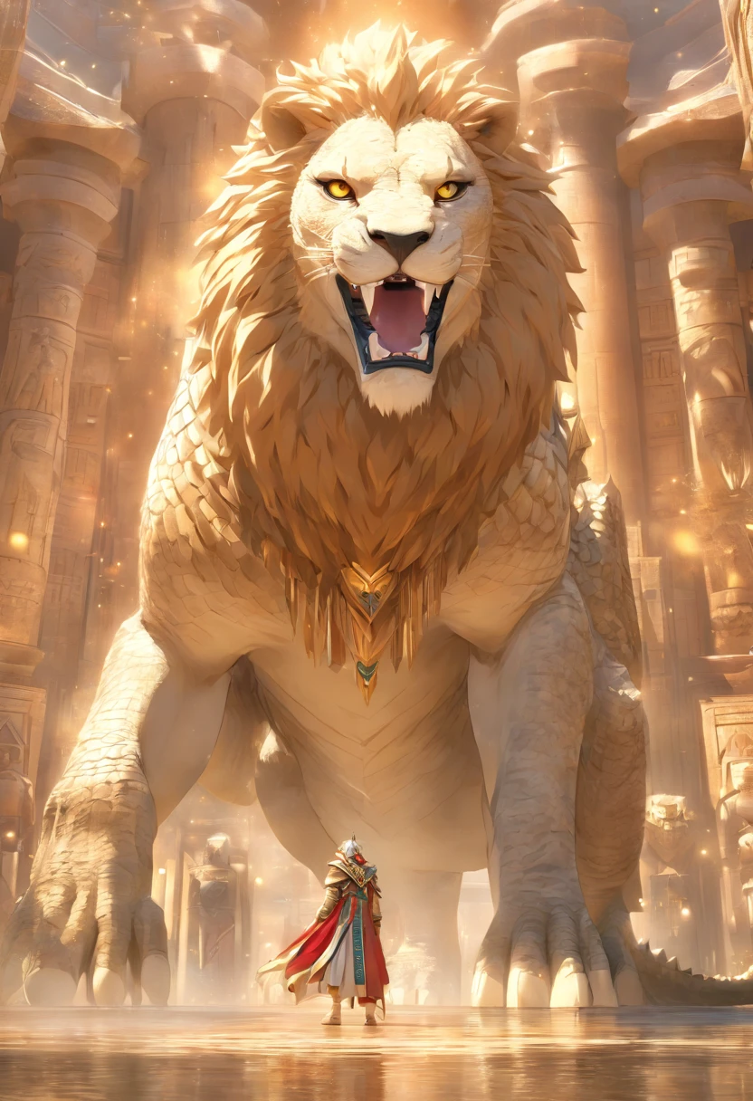(((crocodile head and lion body))) best quality, very high resolution, 4K detailed CG, masterpiece, Egyptian mythology, Ammit, sun in the background, Ancient Egypt, hybrid god, body, lion, white clothes , crocodile head , Egyptian clothing, Egyptian temple, desert, Ancient Egypt, ((crocodile head)), ((lion body)), Egyptian palace, aesthetics, beautiful image, centered on screen, standing pose