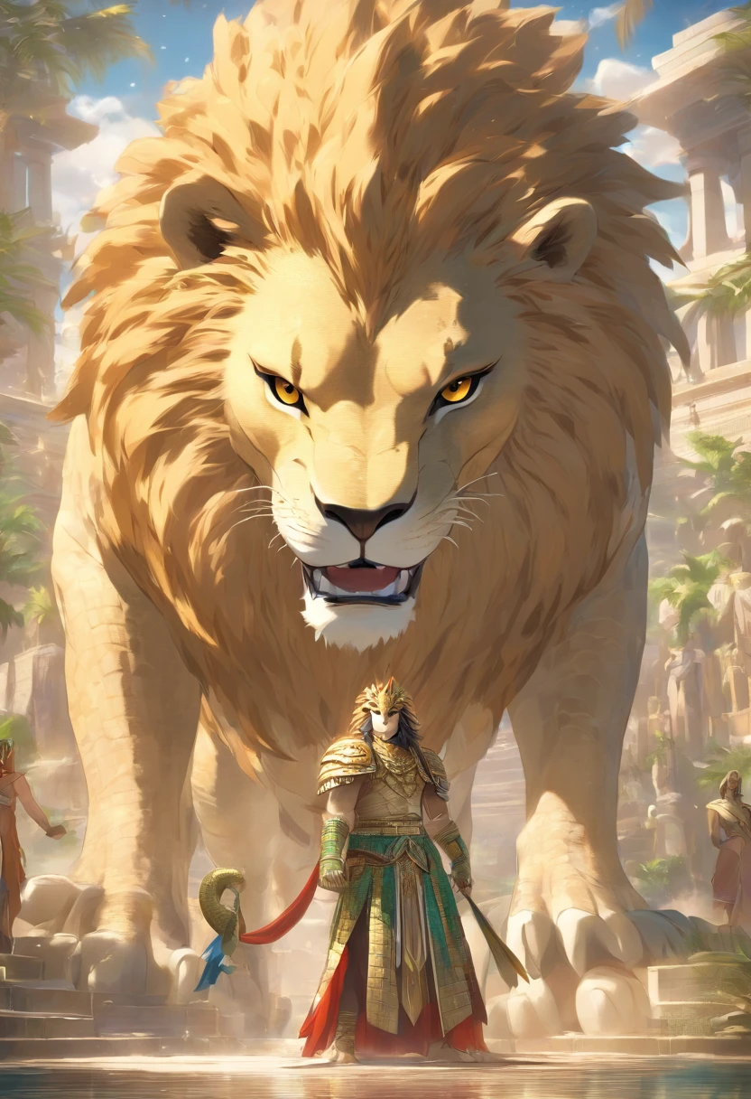 (((crocodile head and lion body))) best quality, very high resolution, 4K detailed CG, masterpiece, Egyptian mythology, Ammit, sun in the background, Ancient Egypt, hybrid god, body, lion, white clothes , crocodile head , Egyptian clothing, Egyptian temple, desert, Ancient Egypt, ((crocodile head)), ((lion body)), Egyptian palace, aesthetics, beautiful image, centered on screen, standing pose