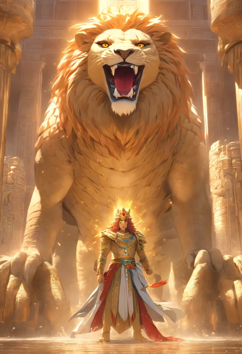 (((crocodile head and lion body))) best quality, very high resolution, 4K detailed CG, masterpiece, Egyptian mythology, Ammit, sun in the background, Ancient Egypt, hybrid god, body, lion, white clothes , crocodile head , Egyptian clothing, Egyptian temple, desert, Ancient Egypt, ((crocodile head)), ((lion body)), Egyptian palace, aesthetics, beautiful image, centered on screen, standing pose