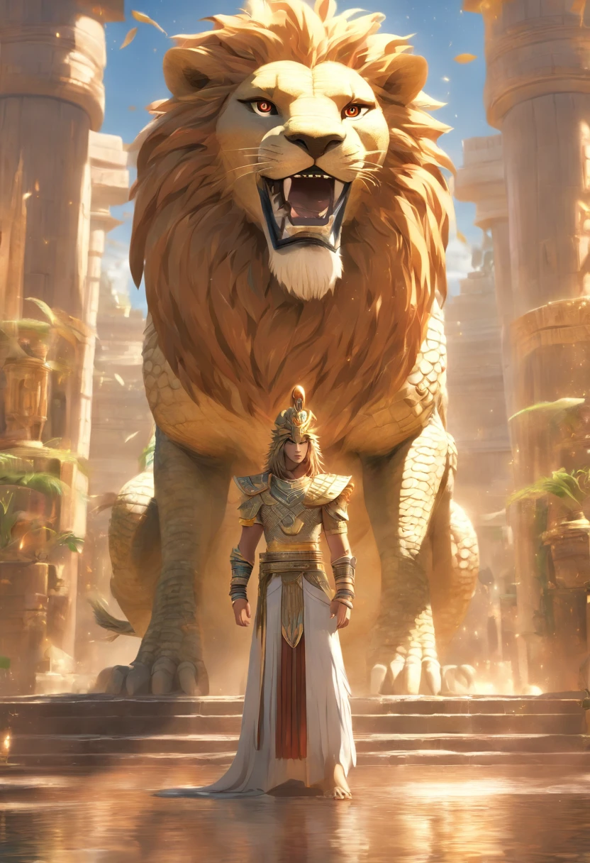 (((crocodile head and lion body))) best quality, very high resolution, 4K detailed CG, masterpiece, Egyptian mythology, Ammit, sun in the background, Ancient Egypt, hybrid god, body, lion, white clothes , crocodile head , Egyptian clothing, Egyptian temple, desert, Ancient Egypt, ((crocodile head)), ((lion body)), Egyptian palace, aesthetics, beautiful image, centered on screen, standing pose