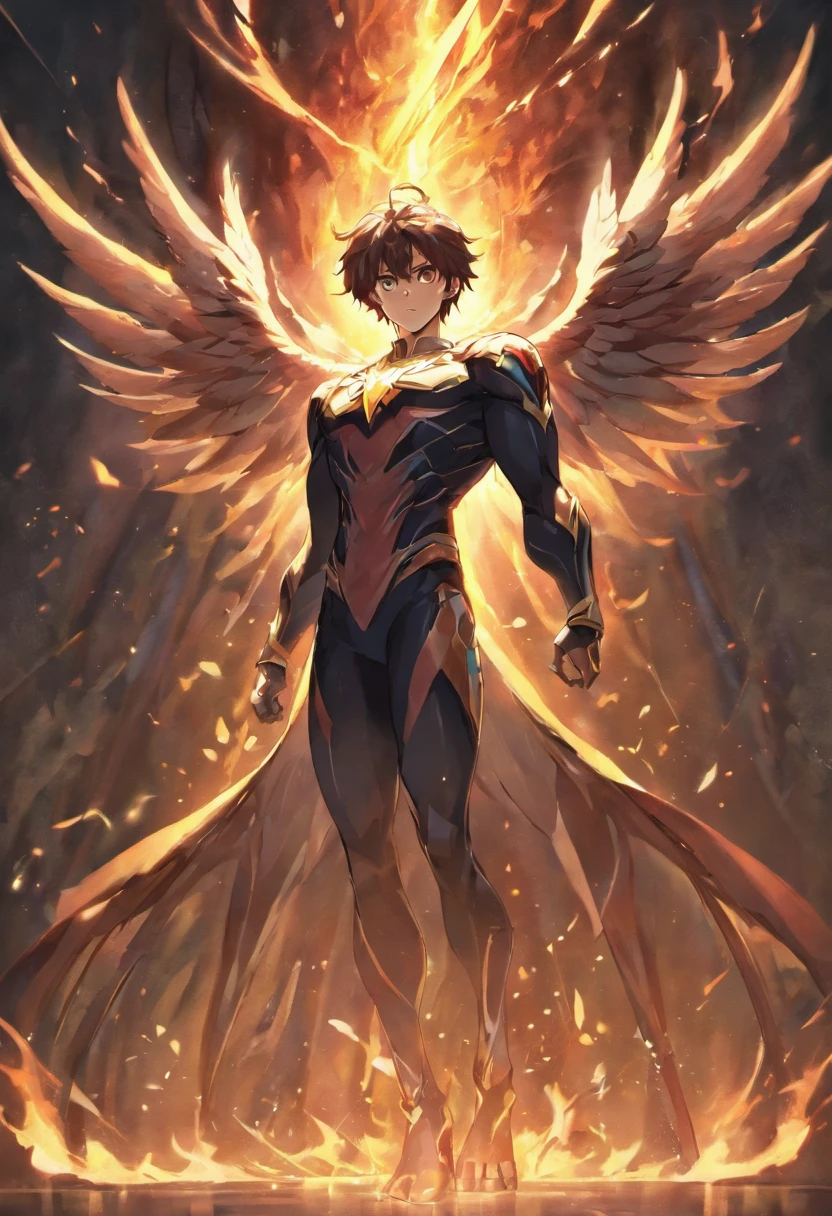 (Sacred Birds),(Fire Phoenix),(The fire depicted the corpse of a phoenix),The phoenix flaps its wings,(Glowing with golden light),Solo,nigth,Multiple silhouettes,First-person elevation angle,Super detailing,best qualtiy,tmasterpiece,(8K),Extremely detailed,Epic Artwork, Muscular tall men, suits, Tie, With your hands in your pockets, Looking straight ahead, Sharp jawline, broad shoulder, Handsome face, short-hair
