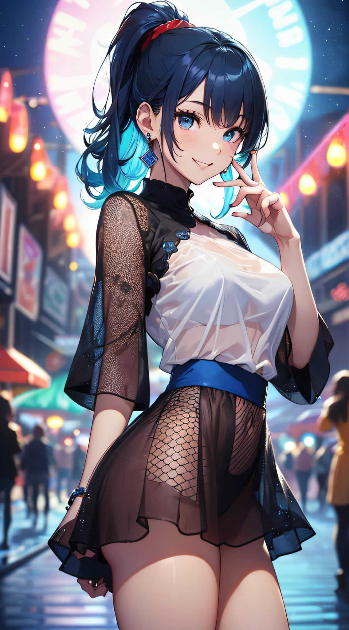 top-quality、Top image quality、masterpiece、girl with((18year old、Best Bust、Medium bust、Bust 85,Beautiful blue eyes、Breasts wide open,Black Short Sleeve T-Shirt、White see-through、Black short skirt、Ponytail with black hair、Smile Face、piece sign、Beautiful blue earrings、emphasis on the buttocks、A slender、Height 175cm,posterior view、Leaning forward、Blue hair mesh))hiquality、Beautiful Art、Background with((Night amusement park、Red and blue lighting、Disney land、parade)),masutepiece、Elaborate design、visualart、depth of fields、The best lighting、highestdetailed、