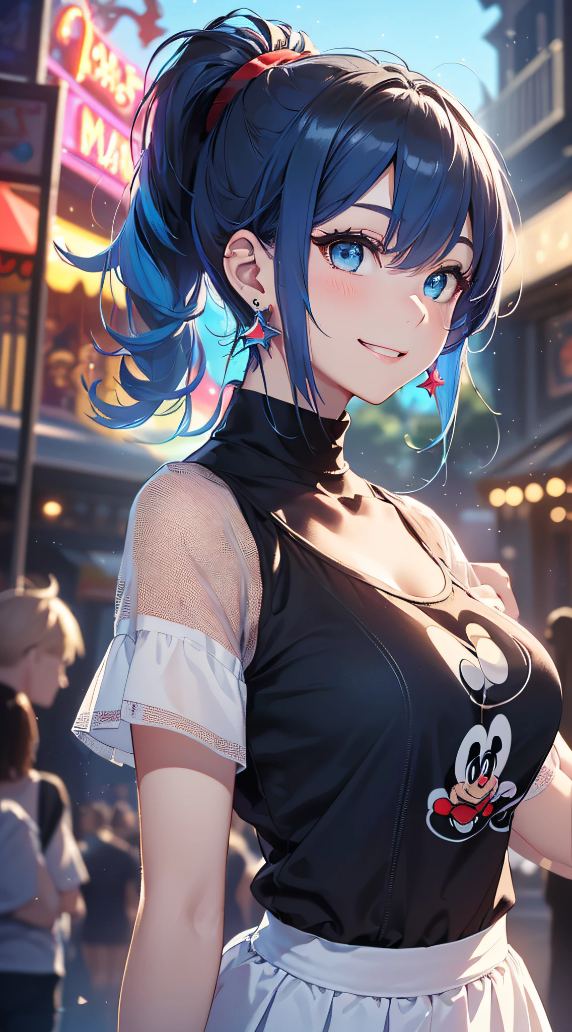 top-quality、Top image quality、masterpiece、girl with((18year old、Best Bust、Medium bust、Bust 85,Beautiful blue eyes、Breasts wide open,Black Short Sleeve T-Shirt、White see-through、Black short skirt、Ponytail with black hair、Smile Face、With psyllium、Beautiful blue earrings、emphasis on the buttocks、A slender、Height 175cm,posterior view、Leaning forward、Blue hair mesh))hiquality、Beautiful Art、Background with((Night amusement park、Red and blue lighting、Disney land、parade)),masutepiece、Elaborate design、visualart、depth of fields、The best lighting、highestdetailed、