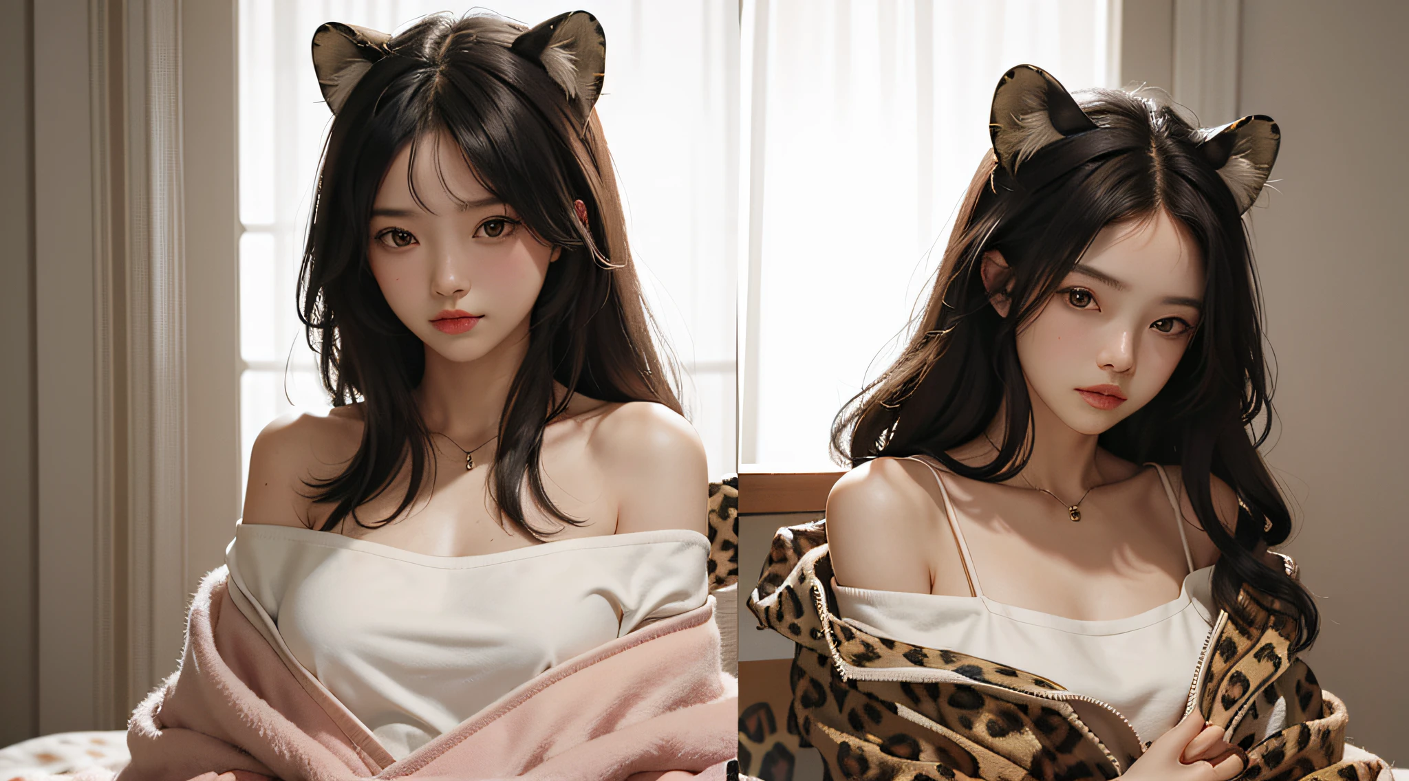 best qualtiy，tmasterpiece，超高分辨率，（Fidelity：1.9)，raw picture，1girll，cropped shoulders，Under the shadows，A full leopard-print blanket covers half of the chest