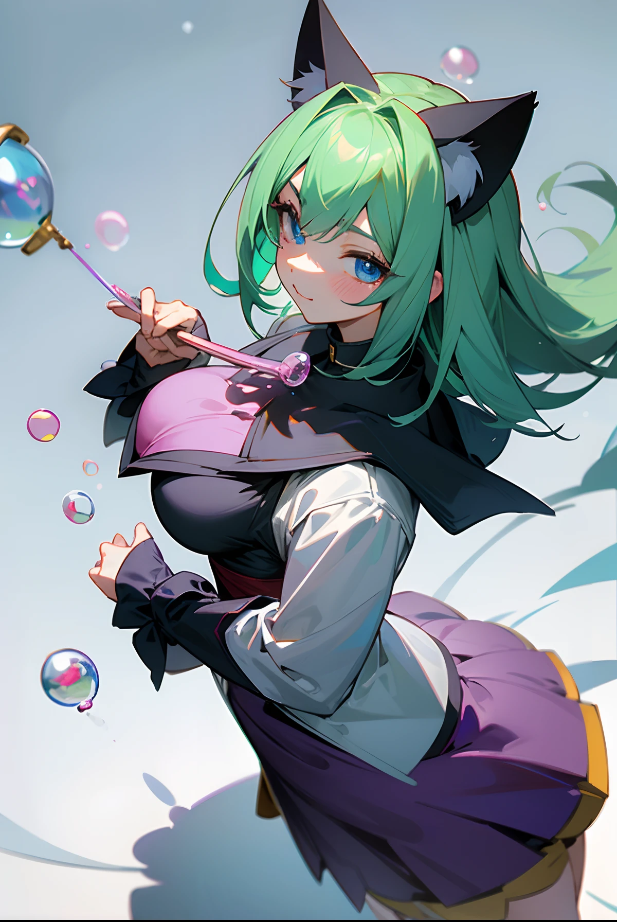 Dark Magician Girl、MKSKS style、独奏、(highly detailed back ground:1.0)、(highly detailed back ground:1.0)、​masterpiece、top-quality、超A high resolution、8K、BREAK、From  above、(1/2 and 1 gray/2 Lime Green Hair)、cat ear、BREAK、Detailed clothing、White shirt、Detailed skin、glowy skin、A detailed eye、Blue eyes、looking in camera、Burning cheeks、Smile、Large breasts、BREAK、(Soap bubbles:1.2、Halofin squash:1.3)、Daytime、dynamic ungle
