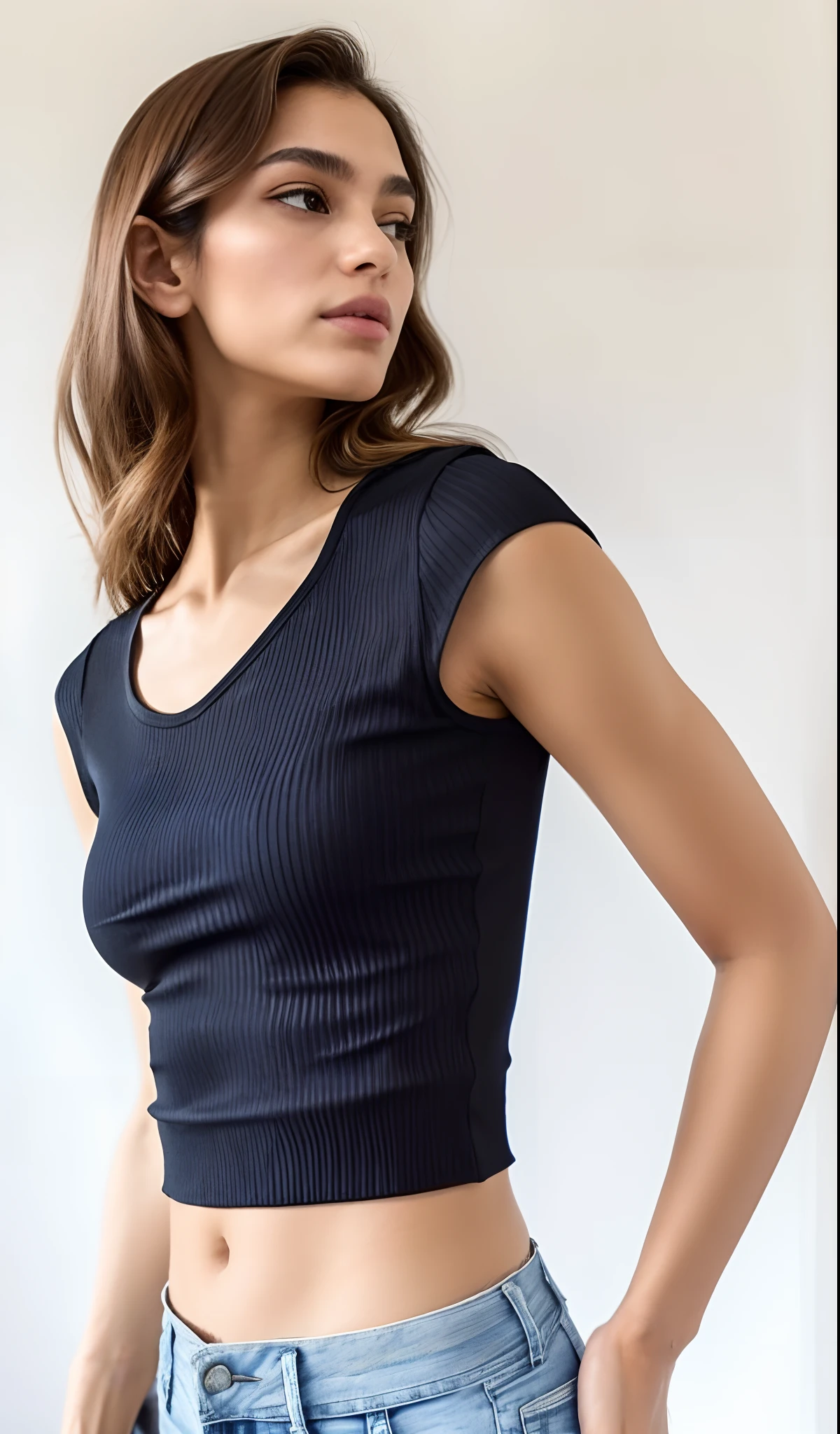 A closeup of a woman wearing a black top and jeans, parte superior do corpo close up, she is wearing a black tank top, tampo preto, camisa apertada, usando uma regata preta cropped, usando uma regata cropped preta, tanque preto apertado, vestindo camisa apertada, Retrato da parte superior do corpo, com ombreiras, parte superior do corpo close - para cima, perto de um magro
