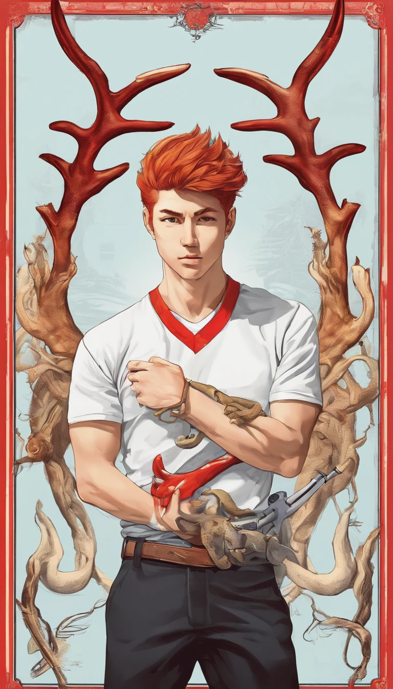 ember、Red-haired、short-haired、sportsman、Deer antlers on the head、Sento-kun、White T-shirt、Plain T-shirt、T-shirt with a small octopus symbol on the right chest