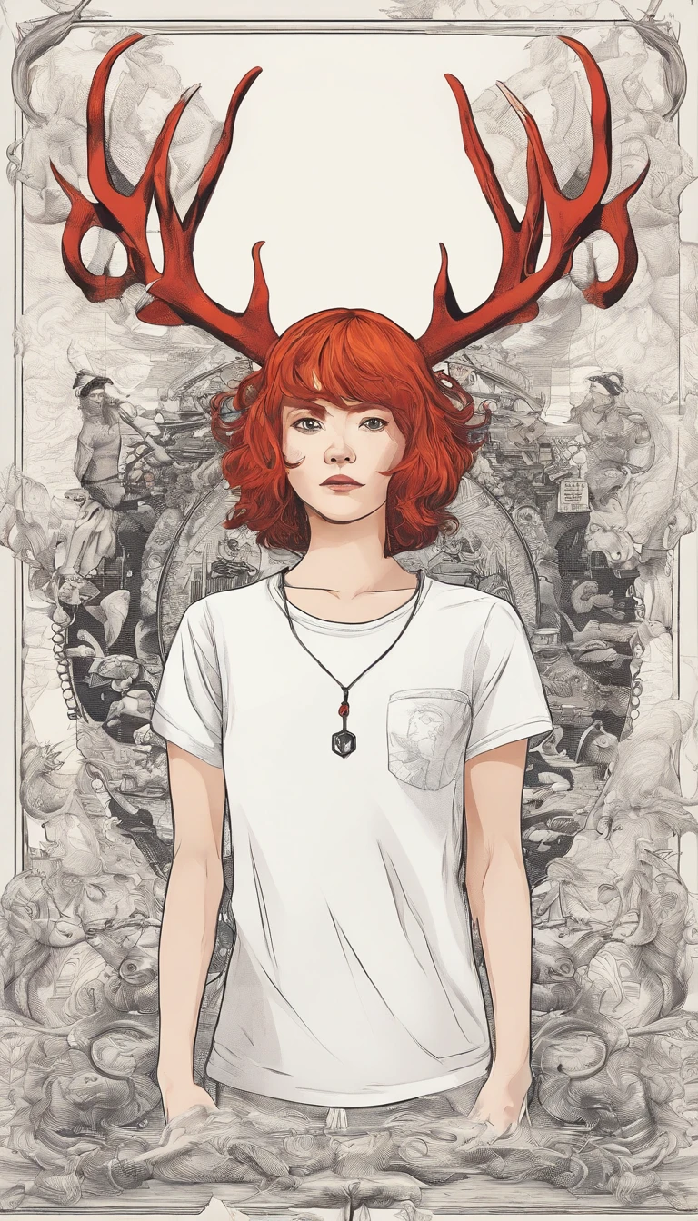ember、Red-haired、short-haired、sportsman、Deer antlers on the head、Sento-kun、White T-shirt、Plain T-shirt、T-shirt with a small octopus symbol on the right chest