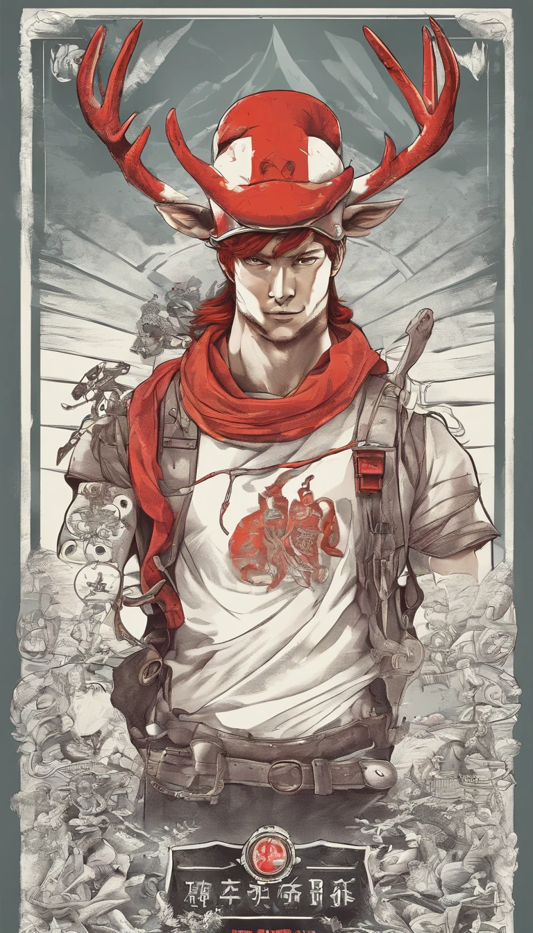 ember、Red-haired、short-haired、sportsman、Deer antlers on the head、Sento-kun、White T-shirt、Plain T-shirt、T-shirt with a small octopus symbol on the right chest