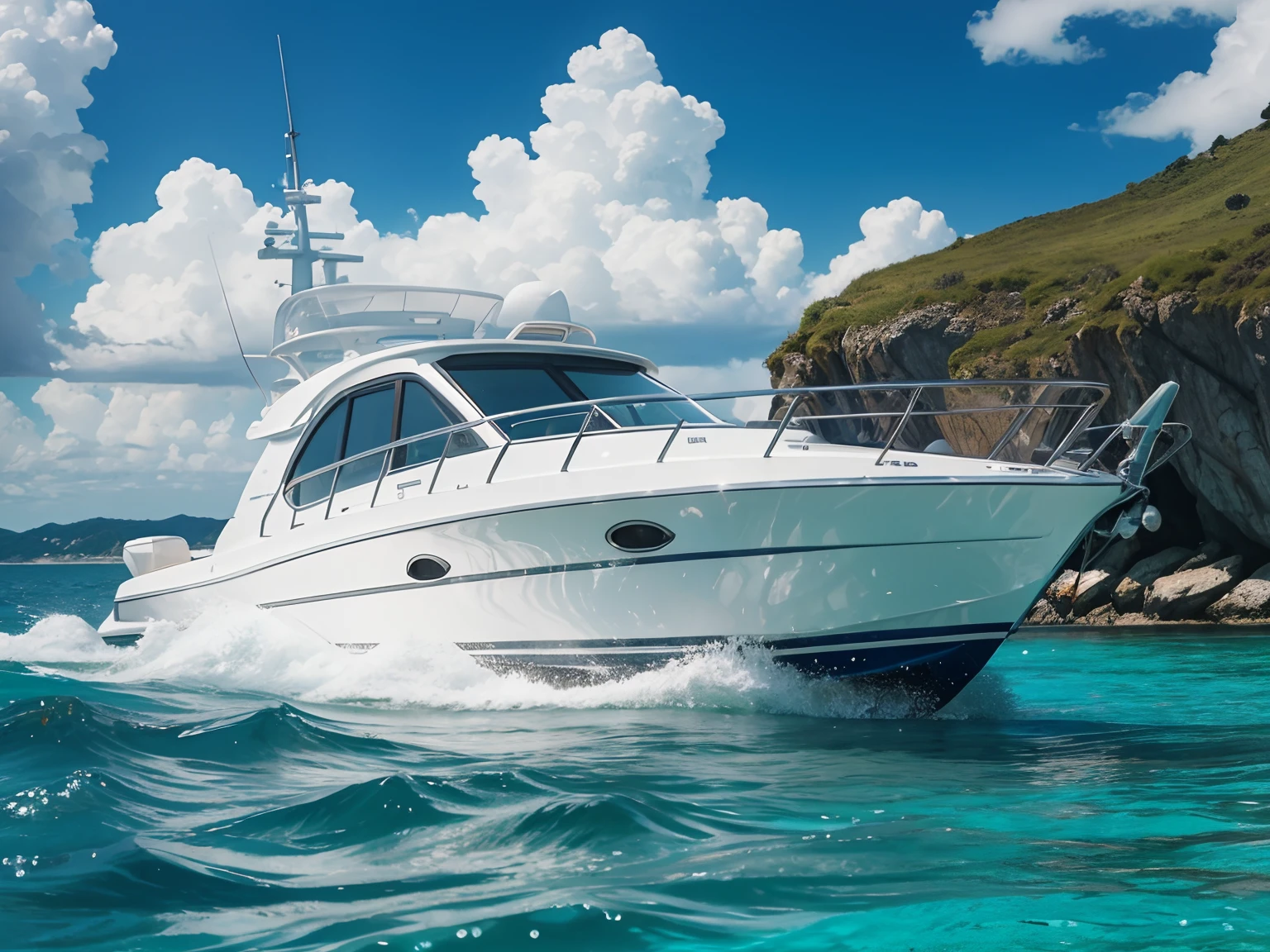 shiny white motorboat, seagreen water, blue sky