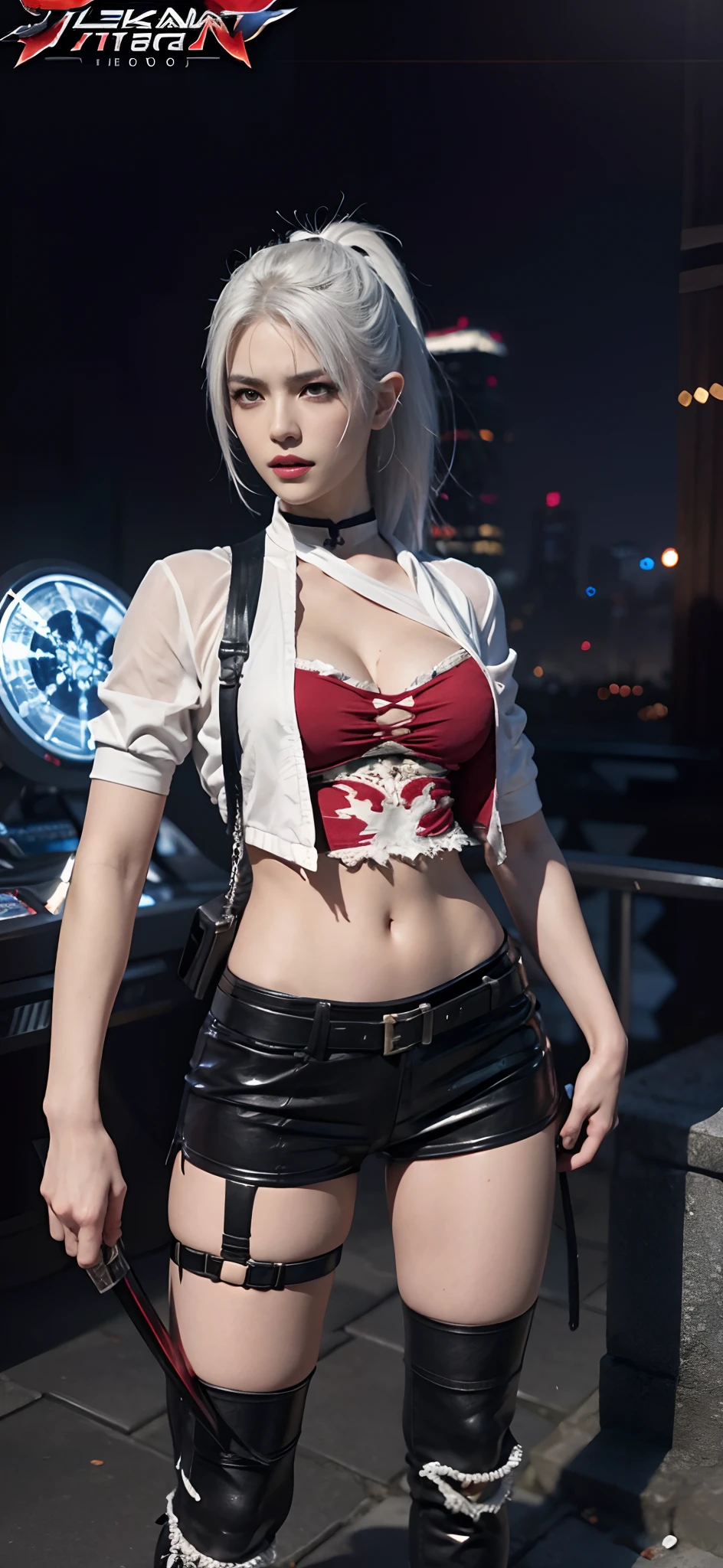 a close up of a person in a costume with a sword, as a character in tekken, female character, tifa lockhart with white hair, katana zero video game character, lunar themed attire, kda, slim body, cyborg - girl with silver hair, upper body avatar, (( medium breast;1.2)), fashion gameplay screenshot, fighting game character, new character, floralpunk elysian maiden, sigma female