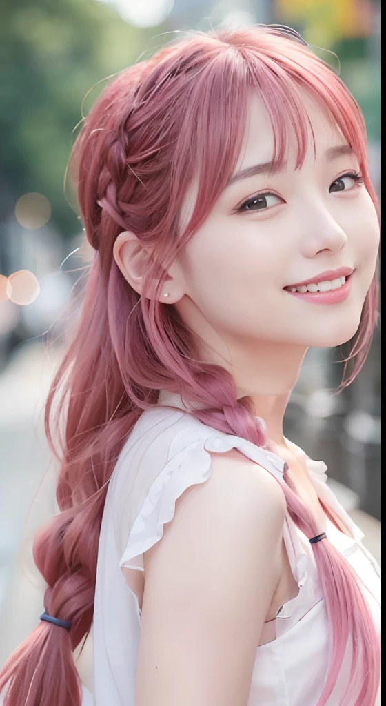 (8K、top-quality、​masterpiece:1.2)、(reallistic、Photorealsitic:1.37)、The ultra-detailliert、女の子1人、18year old、Medium chest、Beautie、Beautiful and perfect face、up close shot、Natural smile、独奏、holiday、Bustling street、shopping、Fashionable clothes、Redness of the nose)、(A smile:1.5)、(With mouth closed) 、beautidful eyes、(long:1.2)、Floating hair 、Middle hair、Pink Hair Medium Hair, (Pink hair), Ear Hair, small tits, Single braid, (Single braid), (Side braid),Checked shirt、Look at the viewer