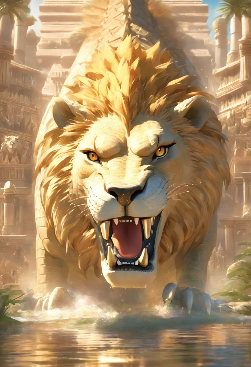 (((crocodile head with lion body))) best quality, very high resolution, 4K detailed CG, masterpiece, Egyptian mythology, Ammit, sun in the background, Ancient Egypt, hybrid god, white clothes, crocodile head ,lion body, Egyptian clothing, Egyptian temple, desert, Ancient Egypt, ((crocodile head with lion's body)), Egyptian palace, aesthetics, beautiful image, centered on the screen,