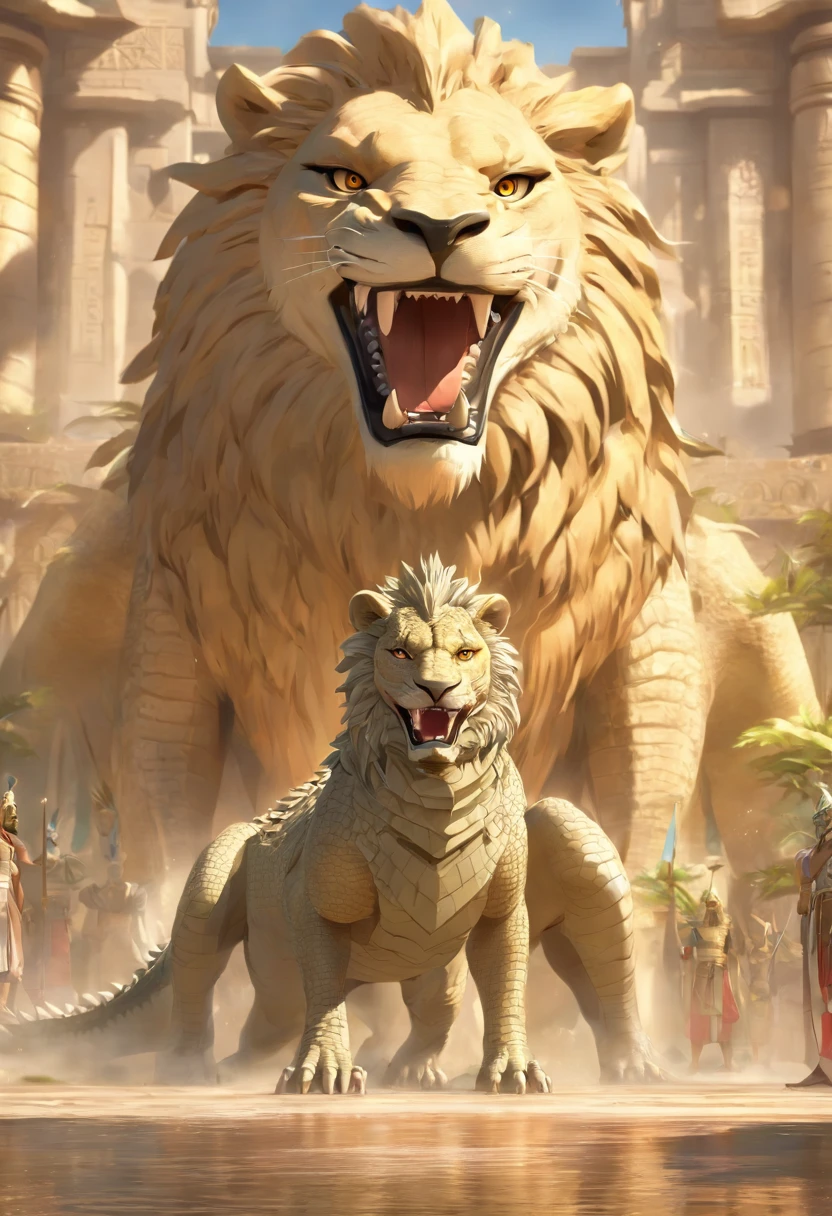 (((crocodile head with lion body))) best quality, very high resolution, 4K detailed CG, masterpiece, Egyptian mythology, Ammit, sun in the background, Ancient Egypt, hybrid god, white clothes, crocodile head ,lion body, Egyptian clothing, Egyptian temple, desert, Ancient Egypt, ((crocodile head with lion's body)), Egyptian palace, aesthetics, beautiful image, centered on the screen,