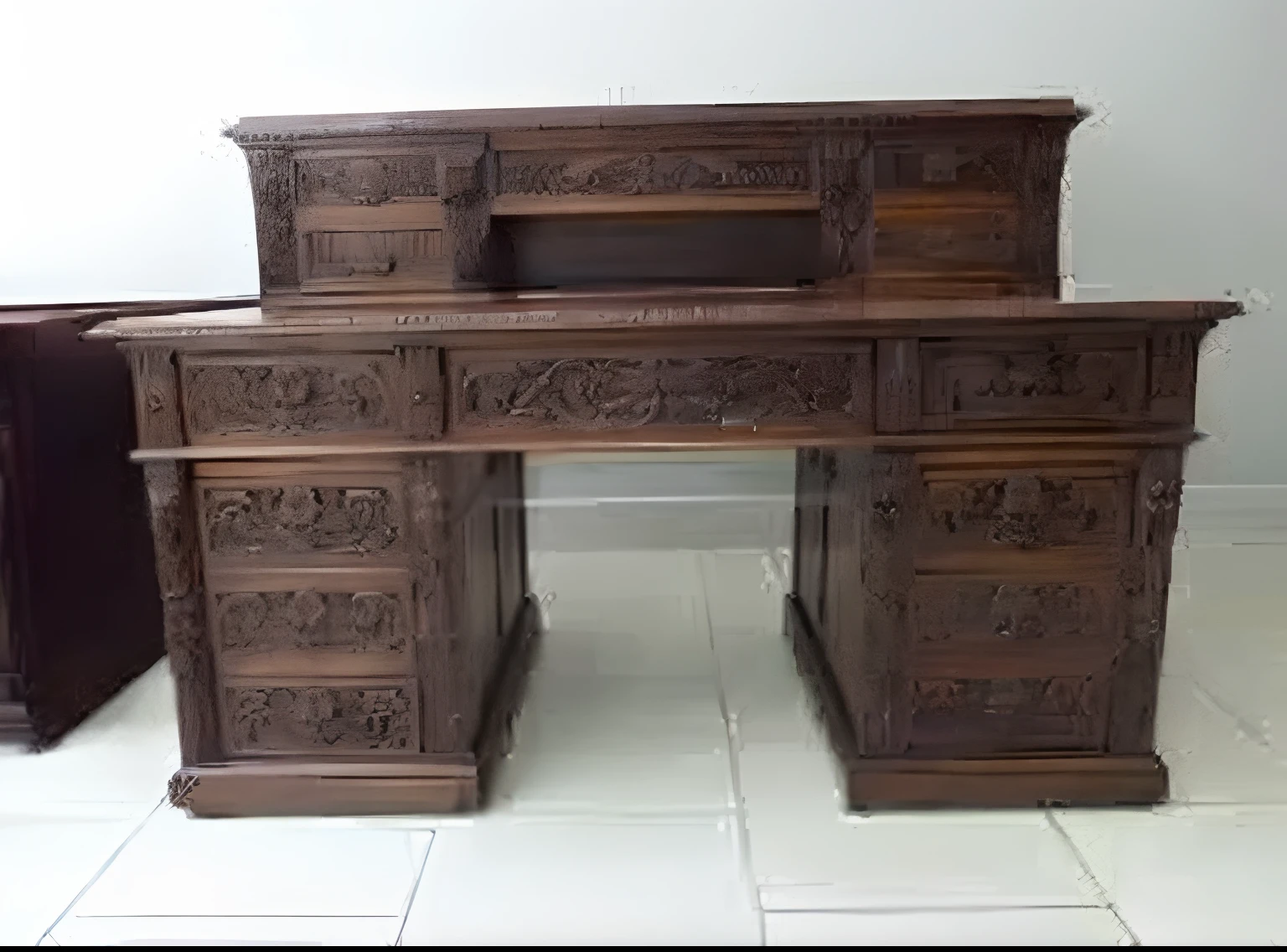 there is a desk with a wooden top and a brown chair, on mahogany desk, resolute desk, ornate furniture, old furniture, ornate designs on desk, antique piece, cabinet furniture, 1 9 2 0 s furniture, antique renewel, displayed on mahogany desk, old furnitures, standing at the resolute desk, wooden furtniture, big desk
