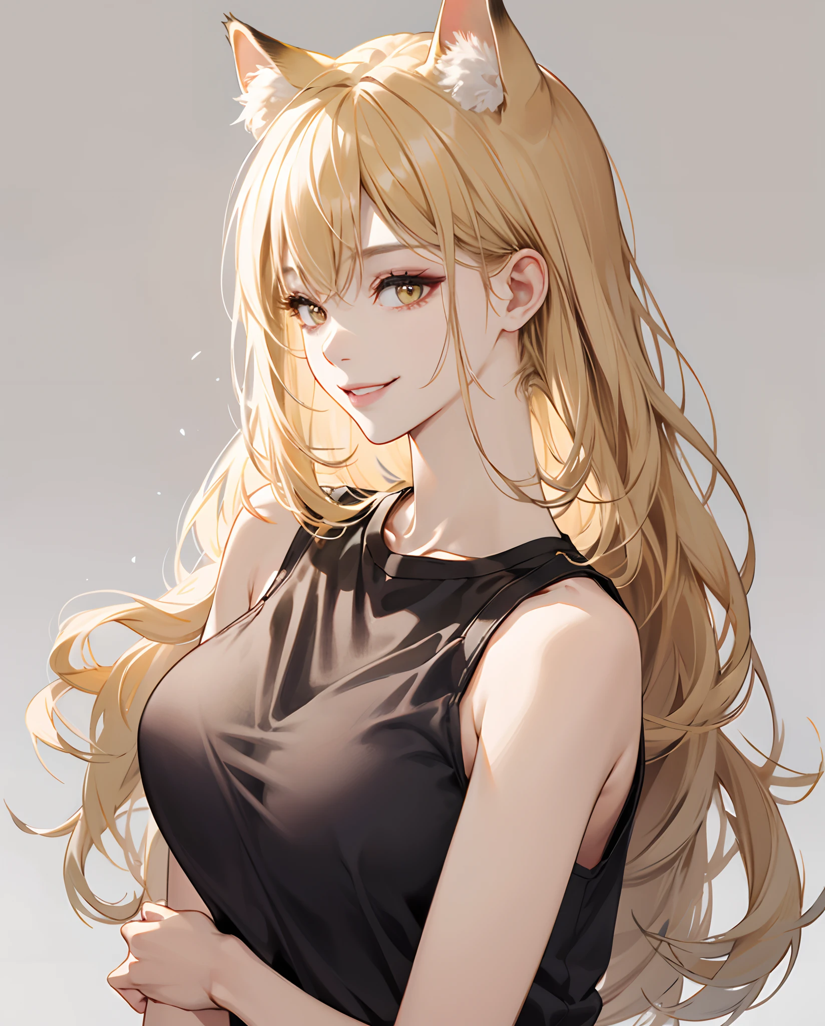 1lady、独奏、The upper part of the body、honey blonde、Long、Minimal make-up、Natural Fabric、facial close-up、a smile、cat ear、Tank tops