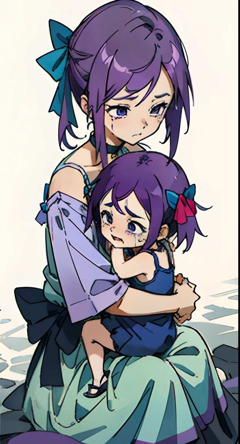 She holds a crying child in a dress and blue camisole with purple hair and hair ribbons, Choker。