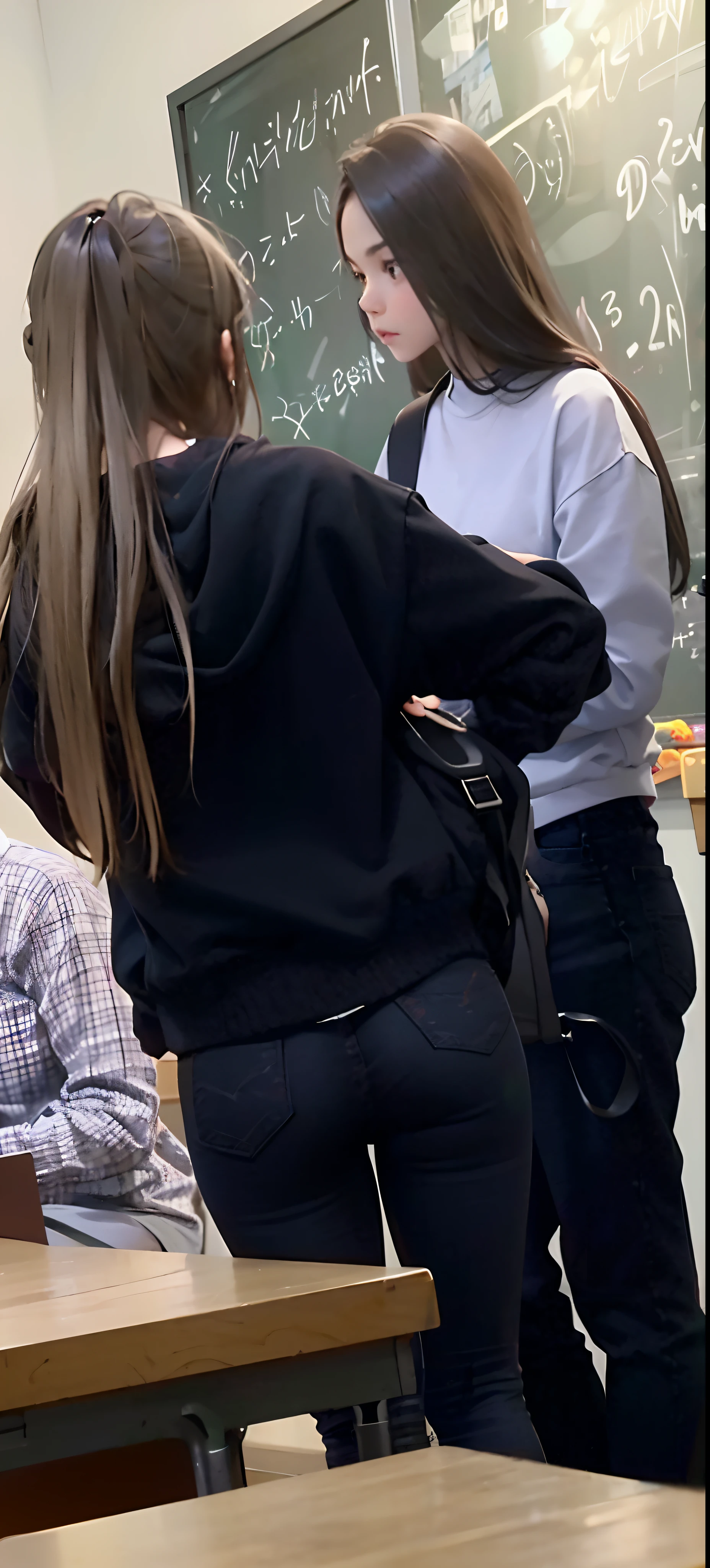 Students in classroom with chalkboard and chalkboard, standing in class, black very skinny jeans, in class, candid shot, UHD revealing dirt photo, candid, her hand is on her waist, her hair is in a pony tail, Checking her phone, in jeans and a black hoodie, tight shot of subject, Knees tightened