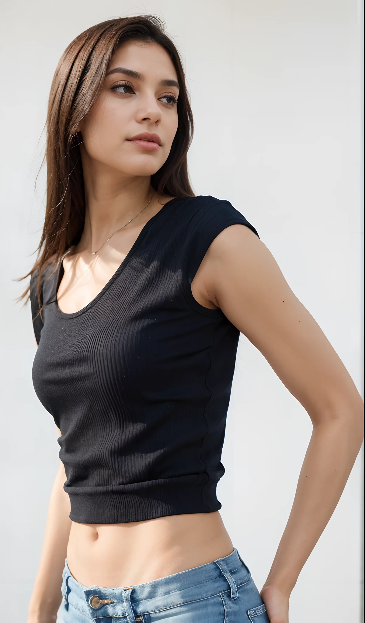 Um closeup de uma mulher usando um top preto e jeans, parte superior do corpo close up, she is wearing a black tank top, tampo preto, camisa apertada, usando uma regata preta cropped, usando uma regata cropped preta, tanque preto apertado, vestindo camisa apertada, Retrato da parte superior do corpo, com ombreiras, parte superior do corpo close - para cima, perto de um magro