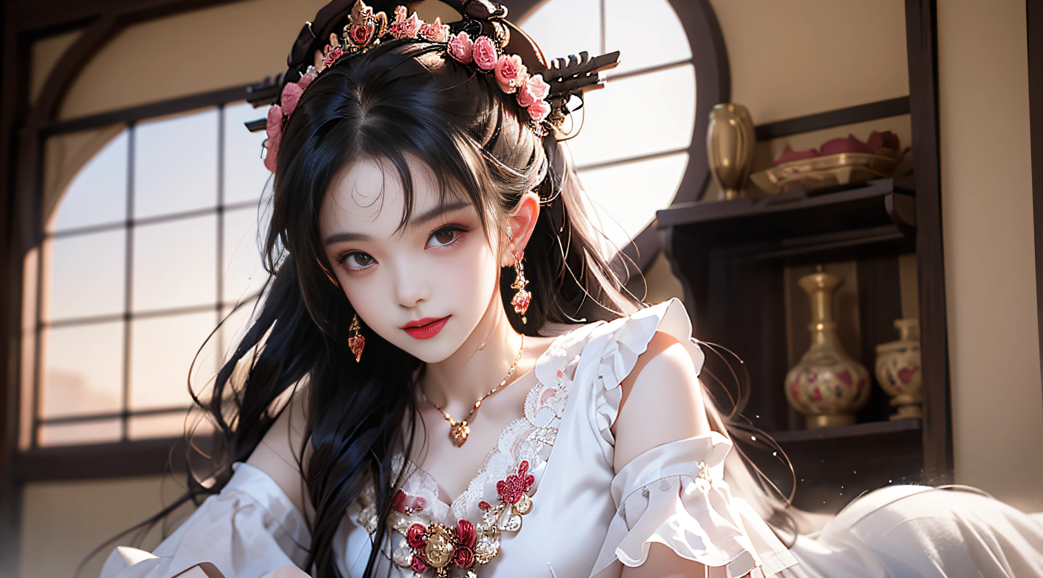 1 adult empress wearing red lace top, deep-breasted nightgown, Chinese-style clothes, ancient costumes with many phoenix patterns, flawless pink and white face, crowned head, hip-length black hair , very beautiful and sharp brown eyes, small red lips, painted lips, charming smile, jewelry worn around the neck, earrings, white and even teeth, high nose, big round breasts, the girl's body is covered with water on chest, slim legs, thin mesh black socks, portrait, most realistic, highest quality, best pixels, 8k ultra ,