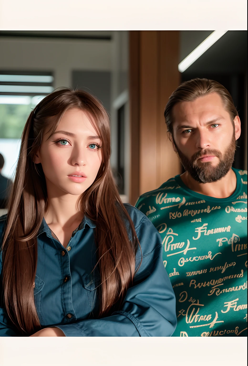 Russian, model, Toned face, (beste-Qualit, extra high resolution, Raw photo, tmasterpiece, Extremely detailed photography), (photorealestic: 1,4), 1 girl, Solo Focus, looks at the viewer,  pov, a closeup of a, (sharp chin: 1,5), (pony tail), brown-hair, green colored eyes, From directly above, A young woman, (navy blue business braid
Òüì: 1,5), (The background of the office space, indoors),man with beard, brown eye