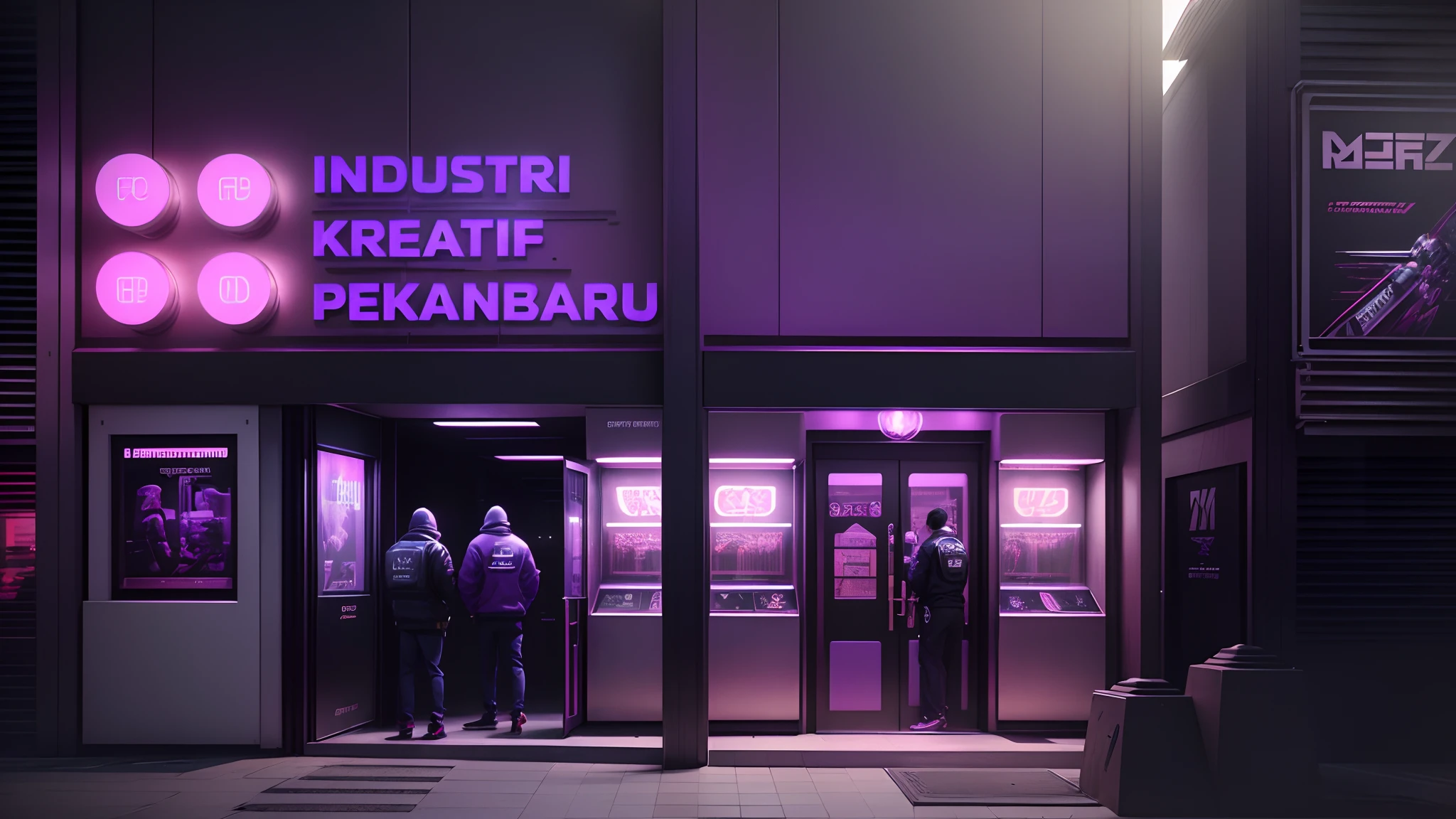 RAW Photo, outside view of the Luxury Game Zone in Mall, Retro Game, (front view), Japan, (3D Text Sign, 3D Logo, perfect sign, Detail Text, embossed letters), (Masterpiece Architecture), Extreme detail, Purple Background, (People, Street wear), (embossed text and logo). Cyberpunk. Day.