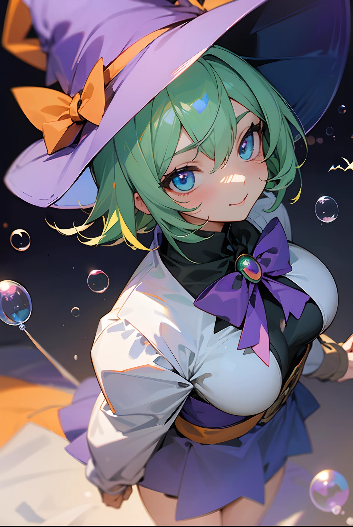 Dark Magician Girl、MKSKS style、独奏、(highly detailed back ground:1.0)、(highly detailed back ground:1.0)、masterpiece、top-quality、超A high resolution、8K、BREAK、From above、(1/2 and 1 gray/2 Lime Green Hair)、Cat's ears、BREAK、Detailed clothing、White shirt、Detailed skin、glowy skin、A detailed eye、Blue eyes、looking in camera、Burning cheeks、Smile、Large breasts、BREAK、(Soap bubbles:1.2、Halloween:1.4)、Daytime、dynamic ungle