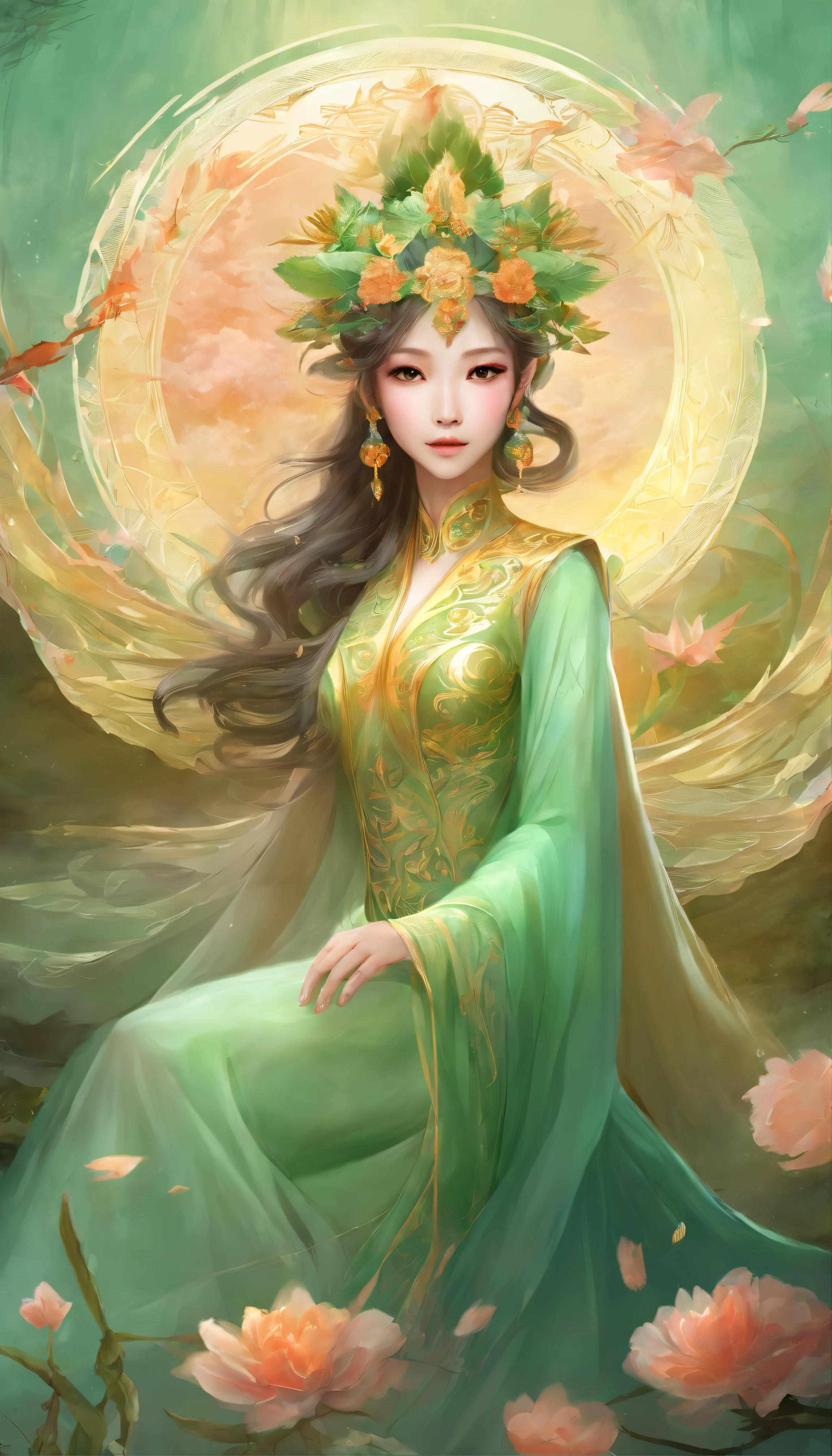 Chinese fairy in light green wedding dress, Light green tulle cape, Golden Phoenix, the nine tailed fox spirit, Seductive eyes，Delicate facial features，The Nine Tails unfolded behind the back，It's like a circle of smoke in the air, peach blossom, Clouds, High quality, symetrical composition, high resolution # Intricate details # unreal (Relaxed) 8K,HD8K