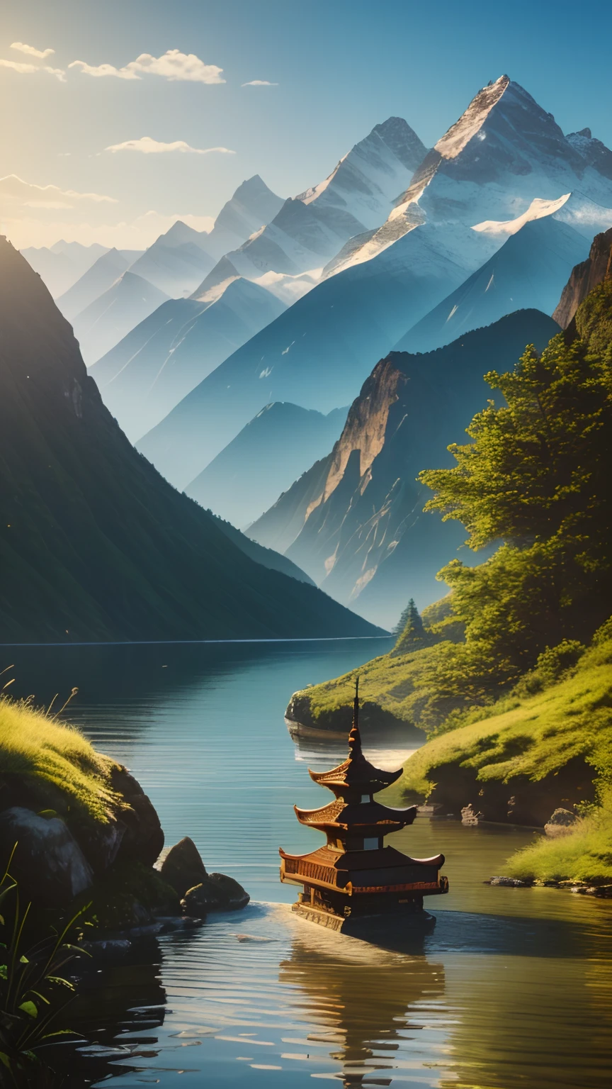 (best quality,4k,8k,highres,masterpiece:1.2),ultra-detailed,(realistic,photorealistic,photo-realistic:1.37),faraway shot,portraits,illustration,landscape,pagoda,mountains,natural elements,floating objects,dreamlike,tranquil environment,wilderness, 2 figures discussing in the nature.