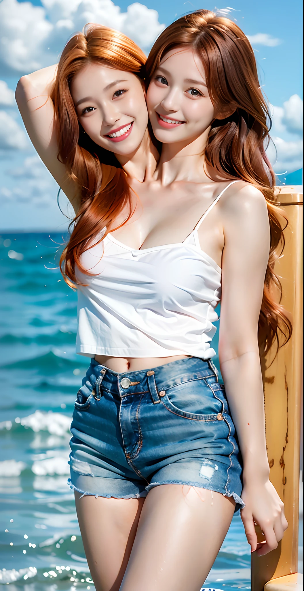 (Raw photography:1.2)、top-quality、Detailed beauty、Beautiful Korean Woman、The most beautiful women in the world、Beautiful sharp face、Long face、21years old、A smile、Happy smile、light brown hair、fluffy and voluminous hair、extra detailed face、beatiful detailed eyes、eye line、Nasal nose、a small face、、tiny chest、Natural sunlight、depth of fields、Blurry background、hight resolution、8k wallpapenely detail、Very detailed 8k wallpaper、light、sexy pose、(photorealisim:1.4)、super detailing、masterpiece、croptop、Small T-shirt、hotpants、shot from a side angle、Road by the sea、lean against the wall、