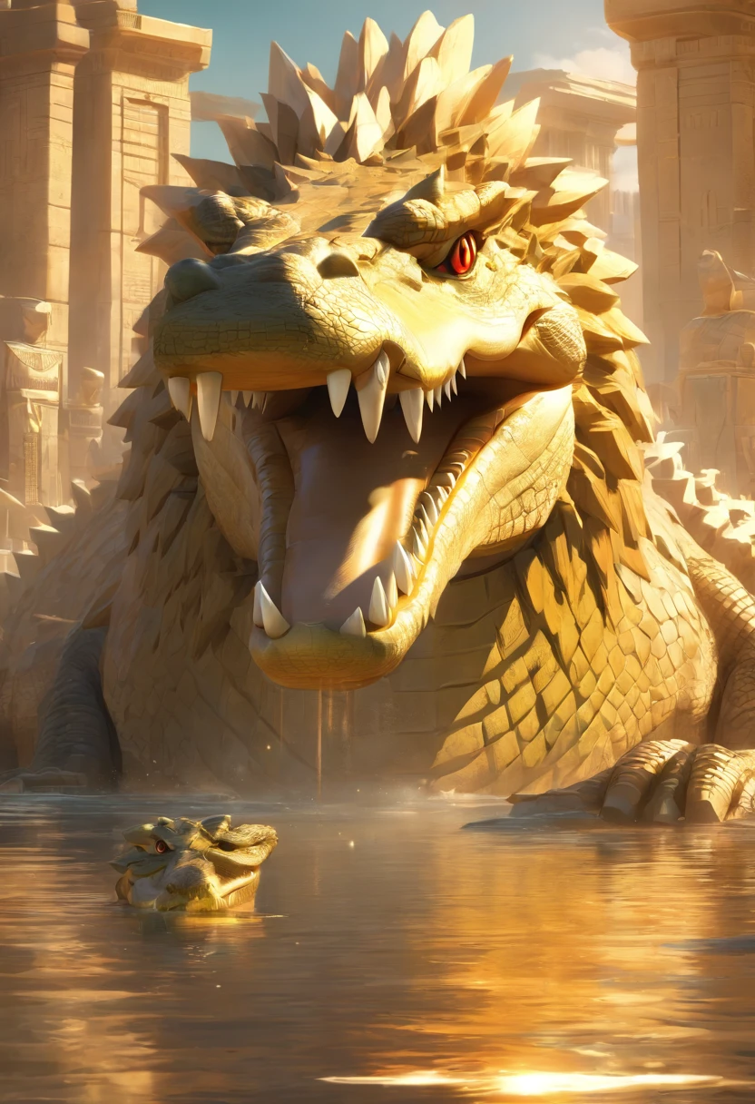(((crocodile head))) best quality, very high resolution, 4K detailed CG, masterpiece, Egyptian mythology, Ammit, sun in the background, Ancient Egypt, hybrid god, white clothes, lion body, Egyptian clothes, temple Egyptian, desert, Ancient Egypt, ((crocodile head with lion's body)), Egyptian palace, aesthetics, beautiful image, centered on the screen,