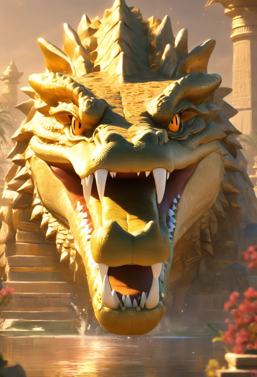 (((crocodile head))) best quality, very high resolution, 4K detailed CG, masterpiece, Egyptian mythology, Ammit, sun in the background, Ancient Egypt, hybrid god, white clothes, lion body, Egyptian clothes, temple Egyptian, desert, Ancient Egypt, ((crocodile head with lion's body)), Egyptian palace, aesthetics, beautiful image, centered on the screen,