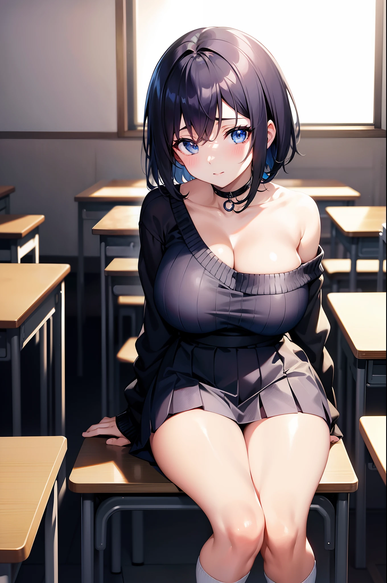 (Masterpiece), Best quality, Expressive eyes, Perfect face,  beautiful and seductive anime woman, female anime character, official anime still, seductive anime girls, mediating_oppai, Short black hair、Blue eyes、anime best girl, attractive anime girls, Oppein Proportions, huge tit、Bigchest、Big breasts、plumw、off-shoulder sweater ,Long white socks, schoolgirl ,‎Classroom