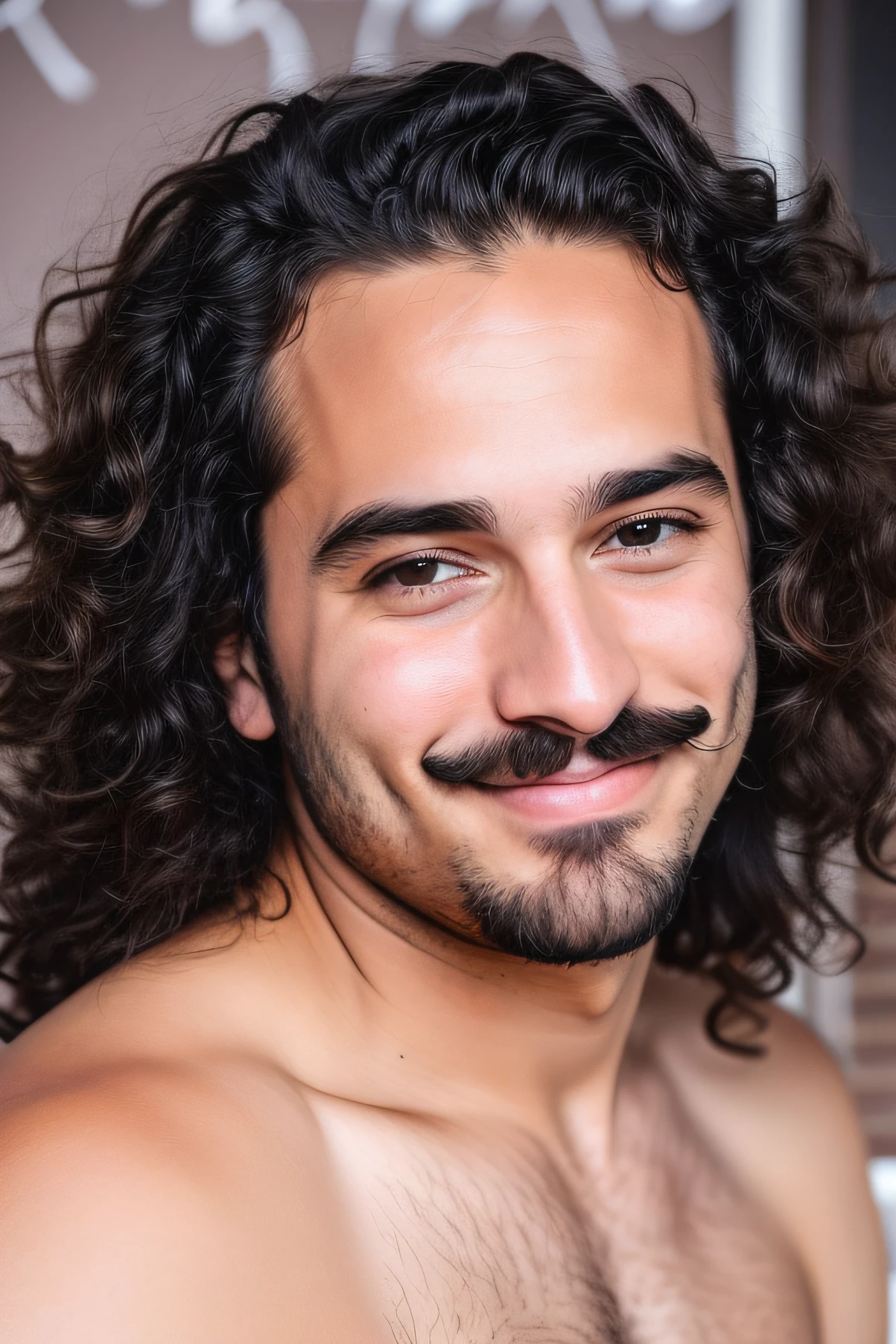 There's a man with a beard and mustache smiling, um homem branco com longos cabelos cacheados, fundo de quarto cor pastel.