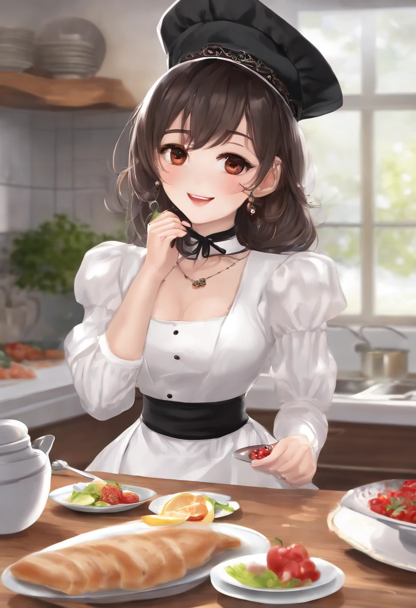 masterpiece, best quality, HuTaoV4, 1girl, solo, looking at viewer, symbol-shaped pupils, flower shaped pupils, blush, smile, open mouth, long sleeves, jewelry, flower, thighs, shorts, socks, nail polish, black headwear, kitchen dress clothes, black shorts, ring, all fours, black nails, kitchen dress white color cooking, mother looks
