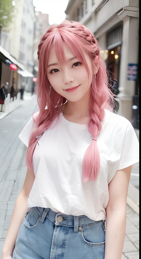 (8K、top-quality、​masterpiece:1.2)、(reallistic、Photorealsitic:1.37)、The ultra-detailliert、女の子1人、18year old、Medium chest、Beautie、Beautiful and perfect face、cowboy  shot、Natural smile、独奏、holiday、Bustling street、shopping、Fashionable clothes、Redness of the nose)、(A smile:1.5)、(With mouth closed) 、beautidful eyes、(long:1.2)、Floating hair 、Middle hair、Pink Hair Medium Hair, (Pink hair), Ear Hair, small , Single braid, (Single braid), (Side braid),Checked shirt