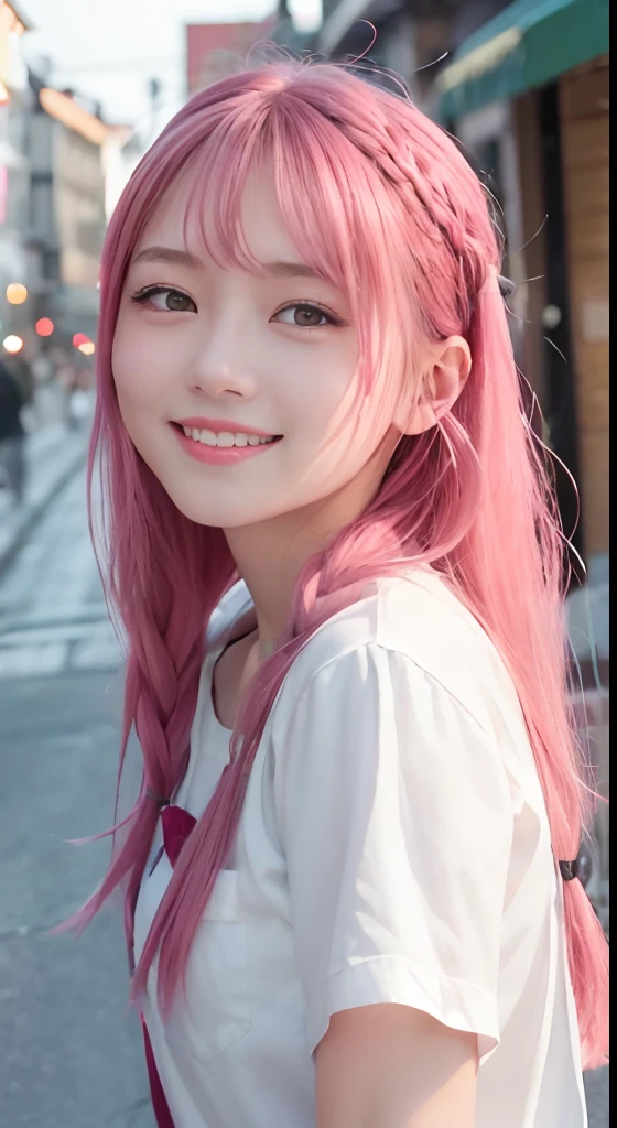 (8K、top-quality、masterpiece:1.2)、(reallistic、Photorealsitic:1.37)、The ultra-detailliert、1人、18year old、Medium chest、Beautie、Beautiful and perfect face、Natural smile、独奏、holiday、Bustling street、shopping、Fashionable clothes、Redness of the nose)、(A smile:1.5)、(With mouth closed) 、beautidful eyes、(long:1.2)、Floating hair 、Middle hair、Pink Hair Medium Hair, (Pink hair), Ear Hair, small tits, Single braid, (Single braid), (Side braid),Checked shirt