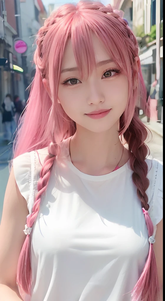 (8K、top-quality、​masterpiece:1.2)、(reallistic、Photorealsitic:1.37)、The ultra-detailliert、女の子1人、18year old、Medium chest、Beautie、Beautiful and perfect face、Natural smile、独奏、holiday、Bustling street、shopping、Fashionable clothes、Redness of the nose)、(A smile:1.5)、(With mouth closed) 、beautidful eyes、(long:1.2)、Floating hair 、Middle hair、Pink Hair Medium Hair, (Pink hair), Ear Hair, small , Single braid, (Single braid), (Side braid),Checked shirt