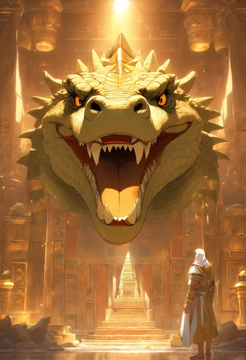 (((crocodile head))) best quality, very high resolution, 4K detailed CG, masterpiece, Egyptian mythology, Ammit, sun in the background, Ancient Egypt, hybrid god, white clothes, lion body, Egyptian clothes, temple Egyptian, desert, Ancient Egypt, ((lion's body)), Egyptian palace, aesthetics, beautiful image, centered on the screen,