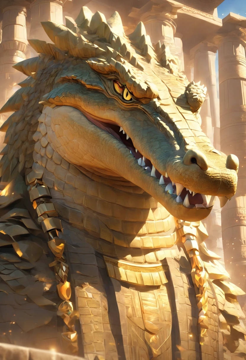 (((crocodile head))) best quality, very high resolution, 4K detailed CG, masterpiece, Egyptian mythology, Ammit, sun in the background, Ancient Egypt, hybrid god, white clothes, lion body, Egyptian clothes, temple Egyptian, desert, Ancient Egypt, ((lion's body)), Egyptian palace, aesthetics, beautiful image, centered on the screen,