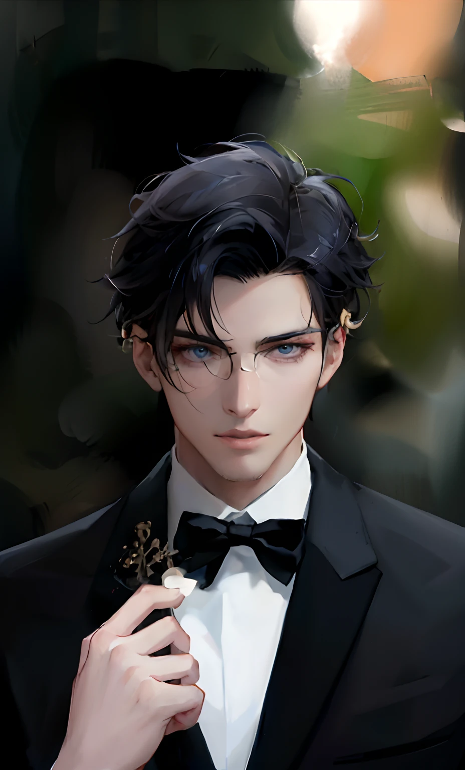 there is a man in a tuxedo and a bow tie, inspired by Yanjun Cheng, beautiful androgynous prince, delicate androgynous prince, cai xukun, digital art of an elegant, anime handsome man, handsome stunning realistic, anime portrait of a handsome man, handsome guy in demon slayer art, yanjun chengt, inspired by Zhang Han, male anime style, having professor type vibes and wearing glasses, looks like a professor