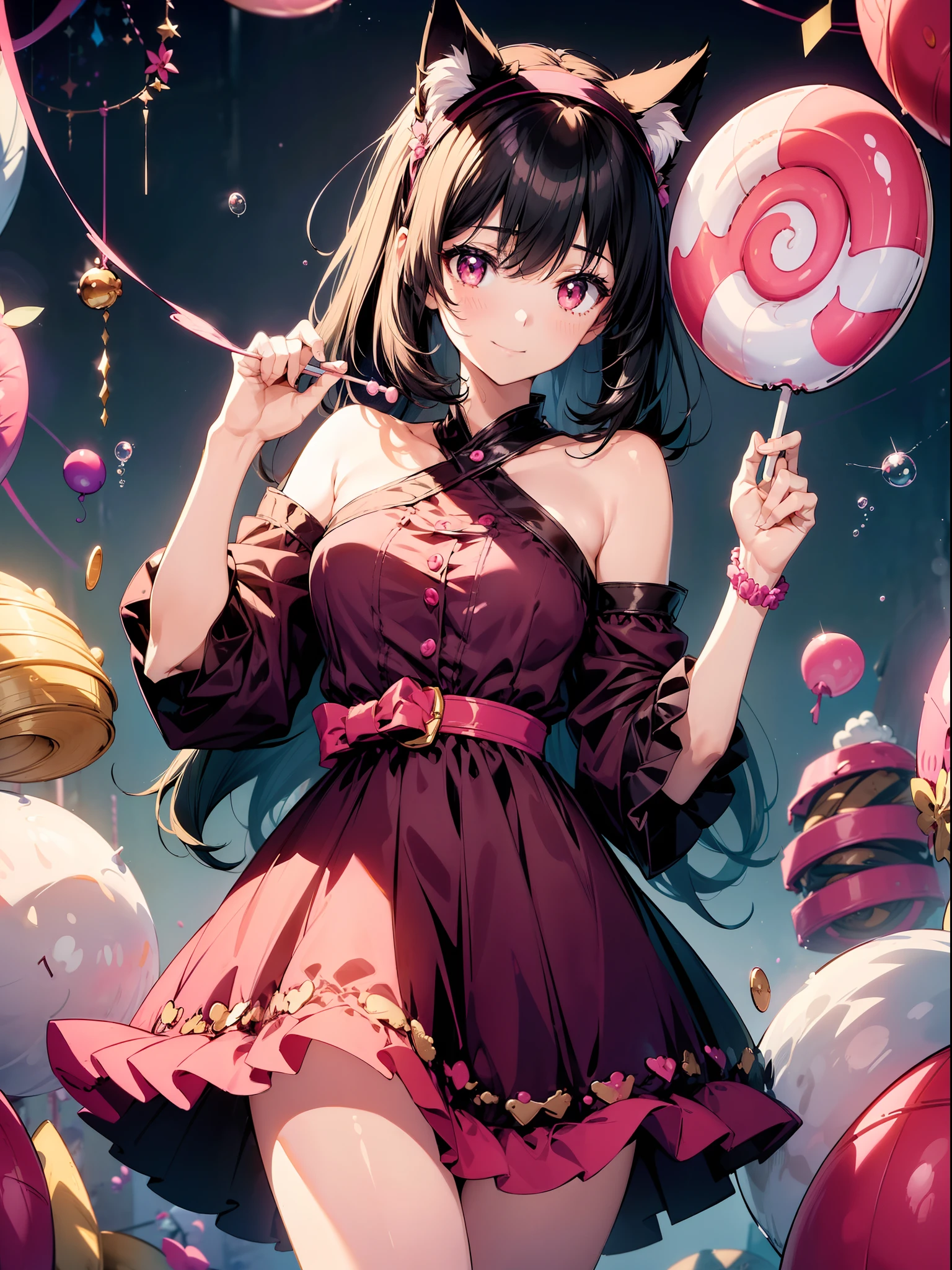 1 girl, character focus, close to viewer, (upper body), (holding a big lollipop) , cat ears hairband ,black hair, pale pink eyes,smile,floating many candys and cookies , bubbles ,high resolution,(incredibly absurdres),anime visual,extremely detailed CG unity 8k wallpaper, ((masterpiece)), ((top-quality)), (beautiful illustration), ((an extremely delicate and beautiful))