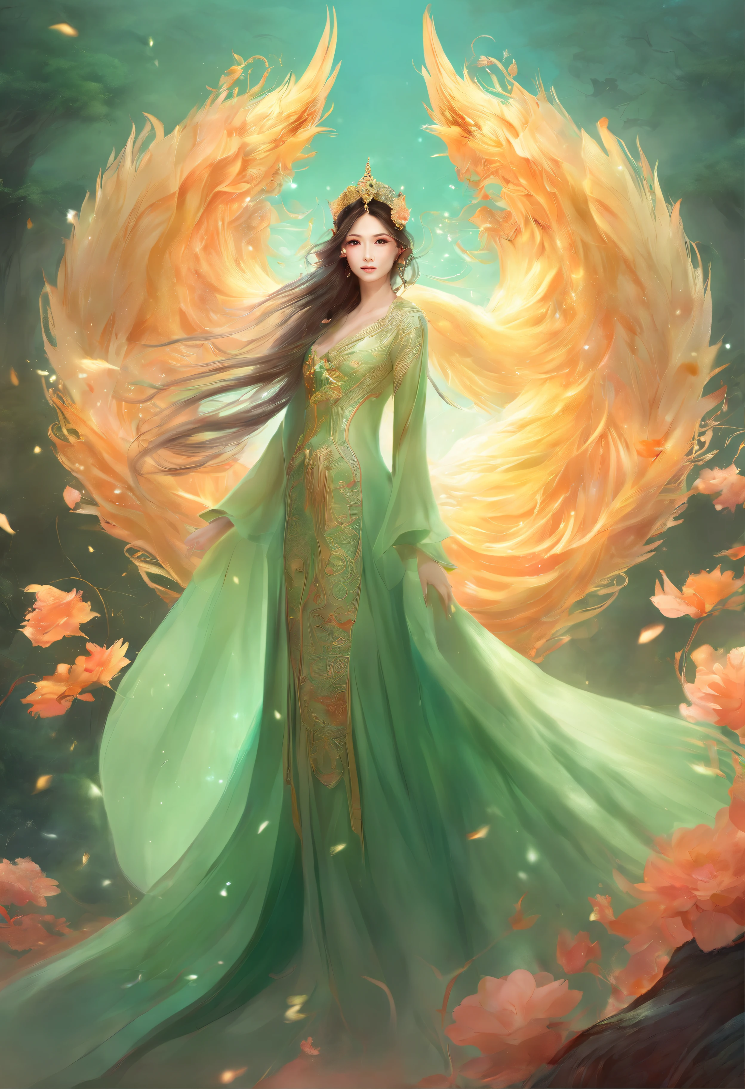 Chinese fairy in light green wedding dress, Light green tulle cape, Golden Phoenix, the nine tailed fox spirit, Seductive eyes,Delicate facial features,The Nine Tails unfolded behind the back,It's like a circle of smoke in the air, peach blossom, Clouds, High quality, symetrical composition, high resolution # Intricate details # unreal (Relaxed) 8K,HD 8K